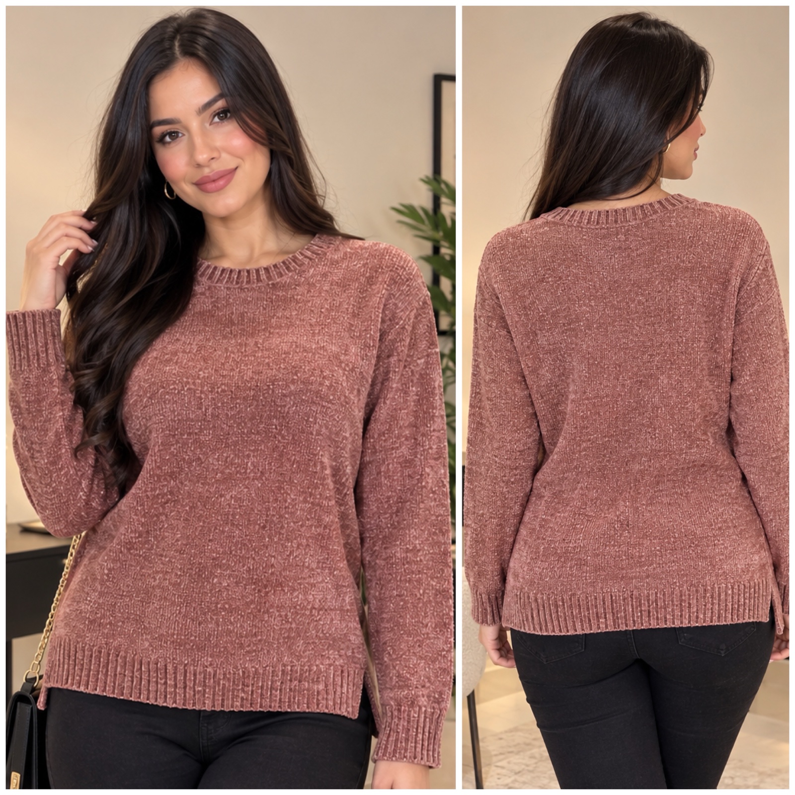 ✨ Pull Iwie Vieux Rose Ultra Doux & Féminin – Maille Chenille Confortable – Col Rond & Finitions Côtelées – Look Chic & Cozy 🤎🌸🔥✨💞