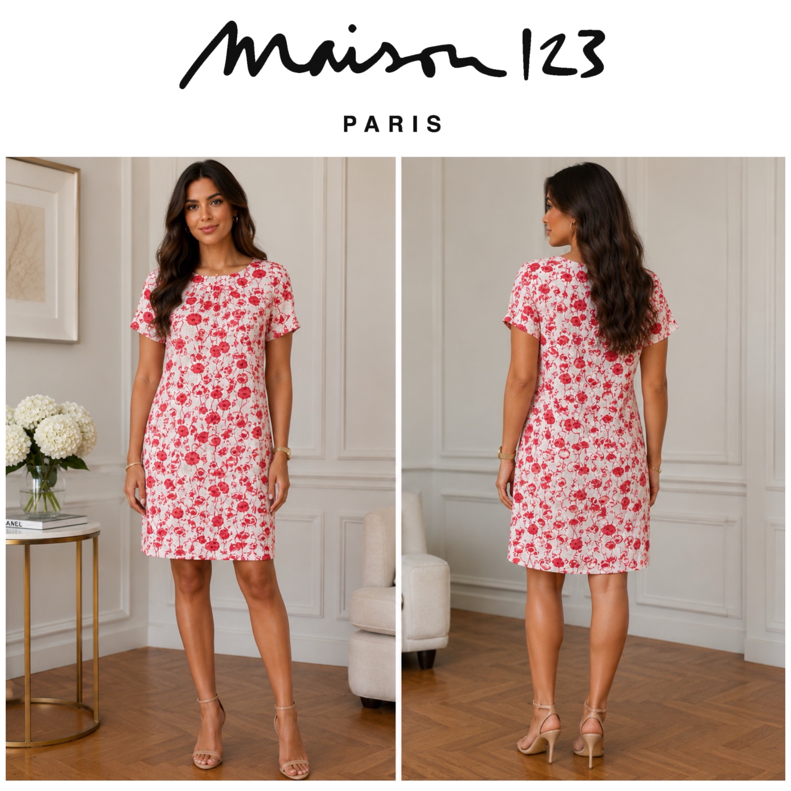 🌺✨ Robe 1.2.3 Paris 100 % Lin – Élégance Florale Chic – Blanche & Rouge – Style Casual Chic – État Excellent ✨🌺✨🔥🌸🔥✨
