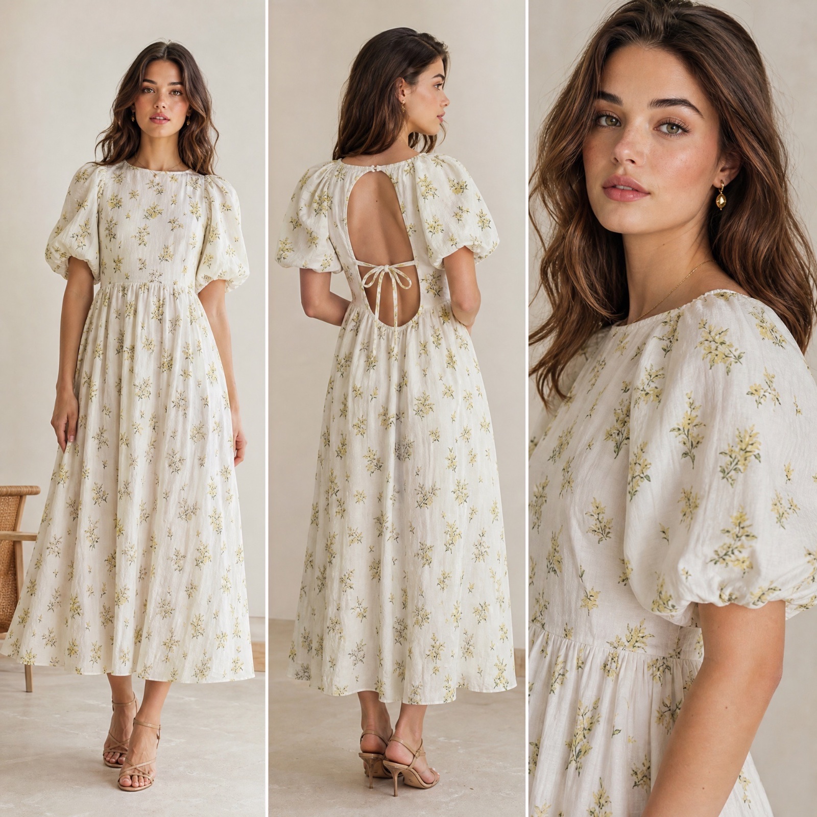✨ Magnifique Robe Longue Fleurie Blanche & Jaune – Dos Nu Irrésistible & Manches Bouffantes – Look Chic & Élégant ✨🌹