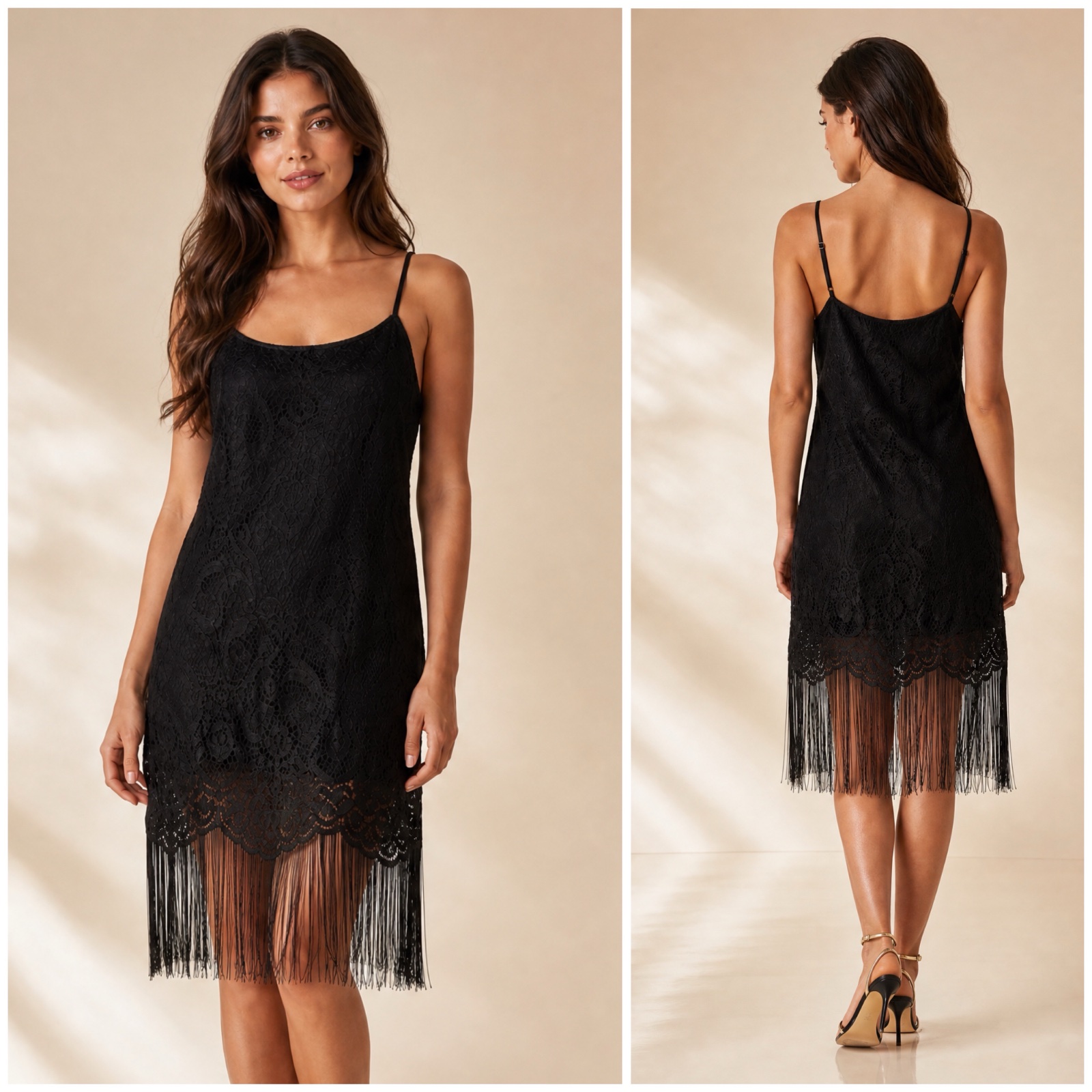 Robe noire chic en dentelle fleurie avec longues franges – élégante et glamour – taille M / 38 – idéale soirée, cérémonie ou sortie – état impeccable🌹🔥🖤✨