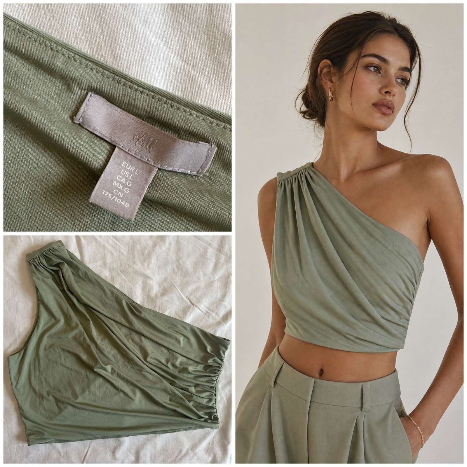 Top Court Asymétrique H&M Vert Sauge / Kaki – Taille L (Excellent État)✨🔥