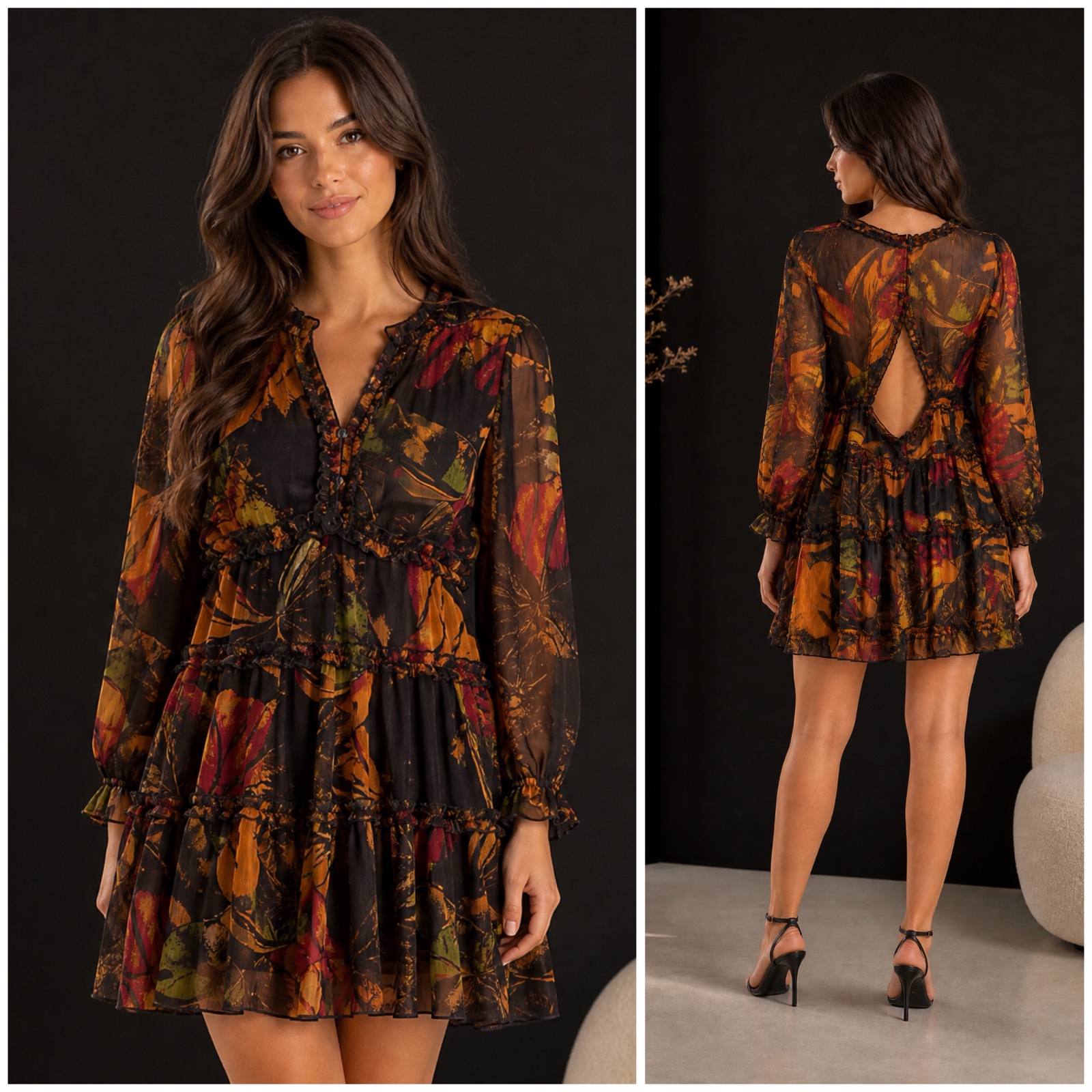 🧡 ✨ Robe chic & bohème imprimé floral multicolore noir • Volants raffinés • Manches longues bouffantes • Taille cintrée • Dos ouvert avec joli détail • Coupe féminine & élégante 🌹✨🌸🤎🧡✨🔥