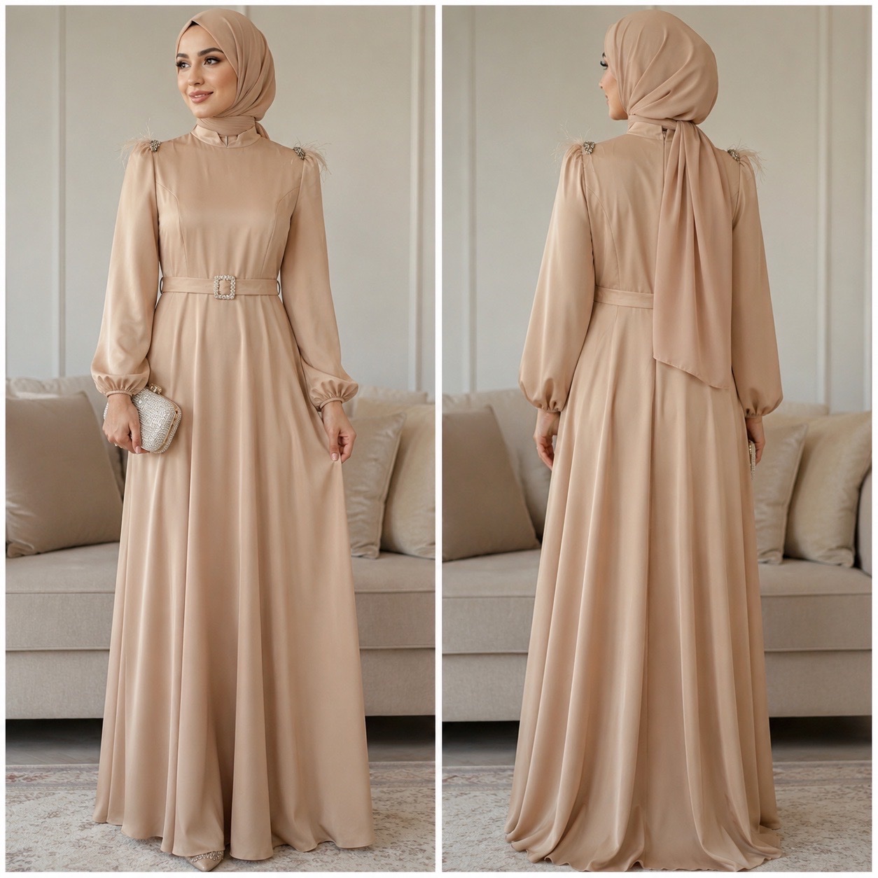 🌸✨ Robe Longue Pudrée Élégance Royale – Chic, Raffinée & Féminine avec foulard✨🌸🔥✨