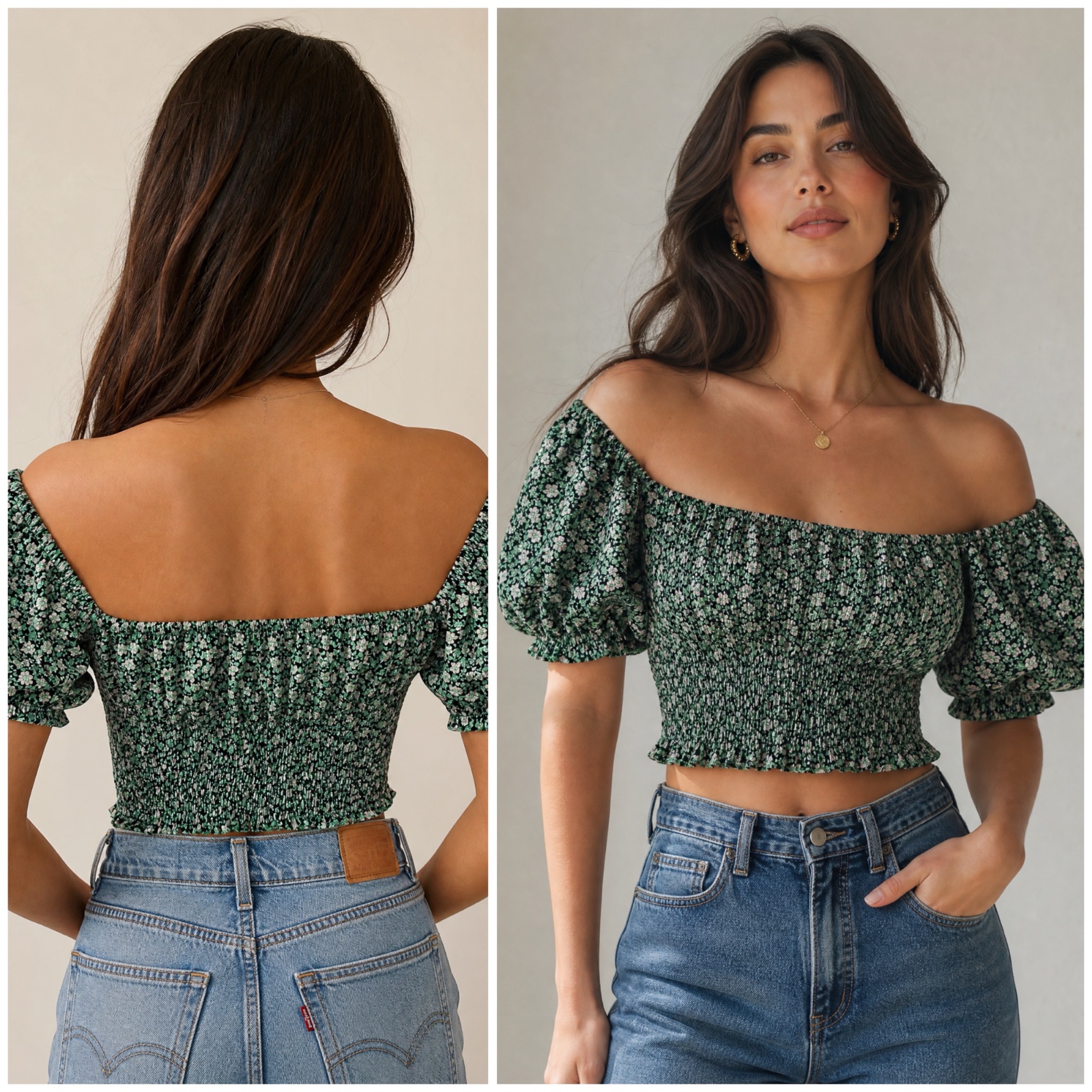 Haut smocké floral vert | Manches bouffantes | Col carré bardot | T.L 🔥✨