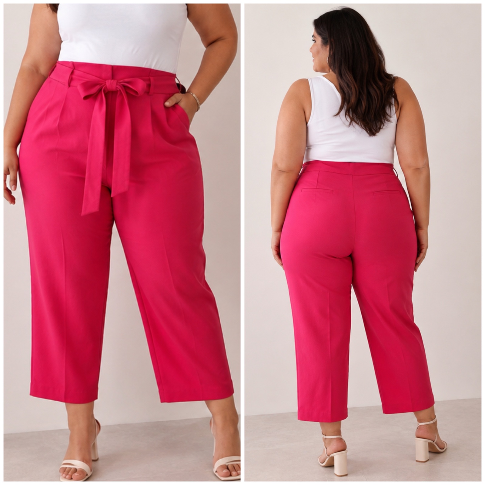 💖✨ Pantalon femme grande taille 52 – Fuchsia / Rose vif 🌸 – Coupe cheville 👖 – Taille haute avec jolie ceinture à nouer 🎀 – Coupe élégante et tendance ✨ – Jambe droite – Style chic & féminin 💕 – Idéal pour une tenue habillée ou décontractée 👠 