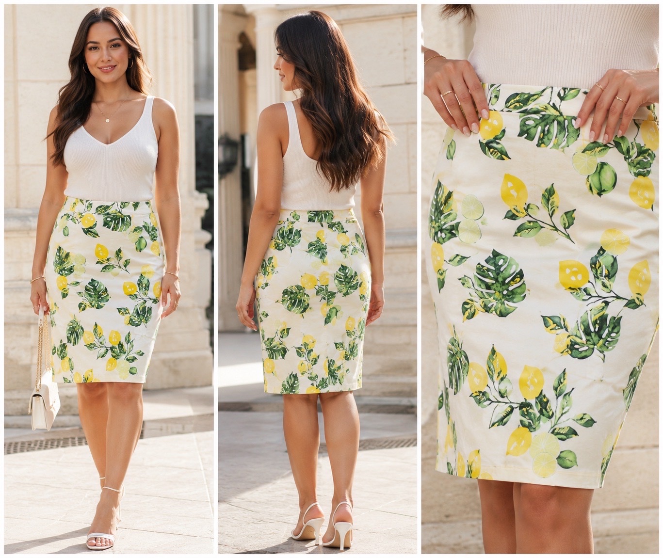 🍋✨ Jupe Crayon Tropicale Citrons & Feuilles Vertes BPC Selection Bonprix – Style Chic Estival Élégant Taille Haute ✨🍋🔥✨🌹🥰💛💛💛🤍🤍🔥