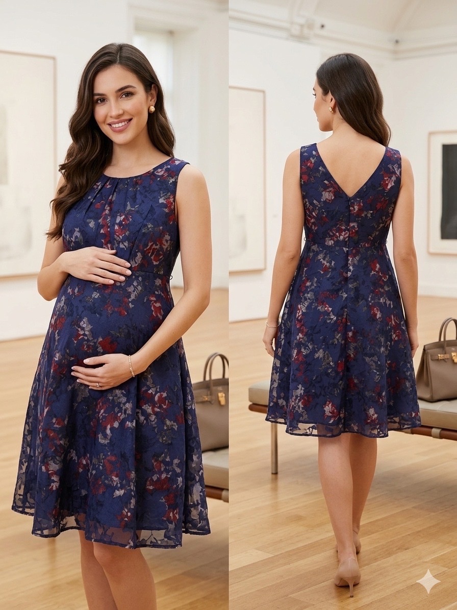 Sublime Robe de Grossesse Séraphine Marine et Fleurs – Coupe Empire Parfaite pour Occasions Spéciales🔥🔥🌹✨
