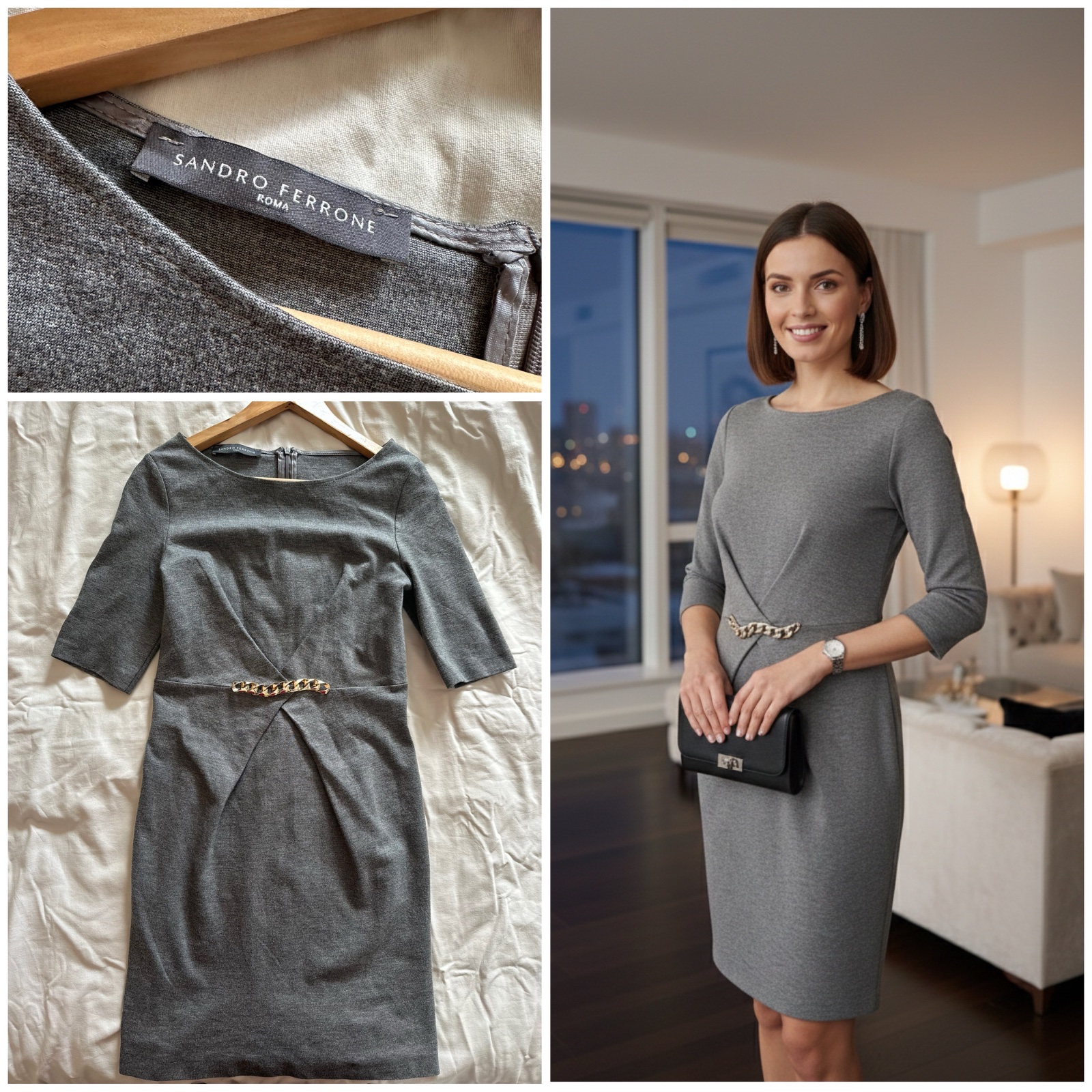 Robe Sandro Ferrone Roma – Grise – Chic & Détail Chaîne Dorée 🌹