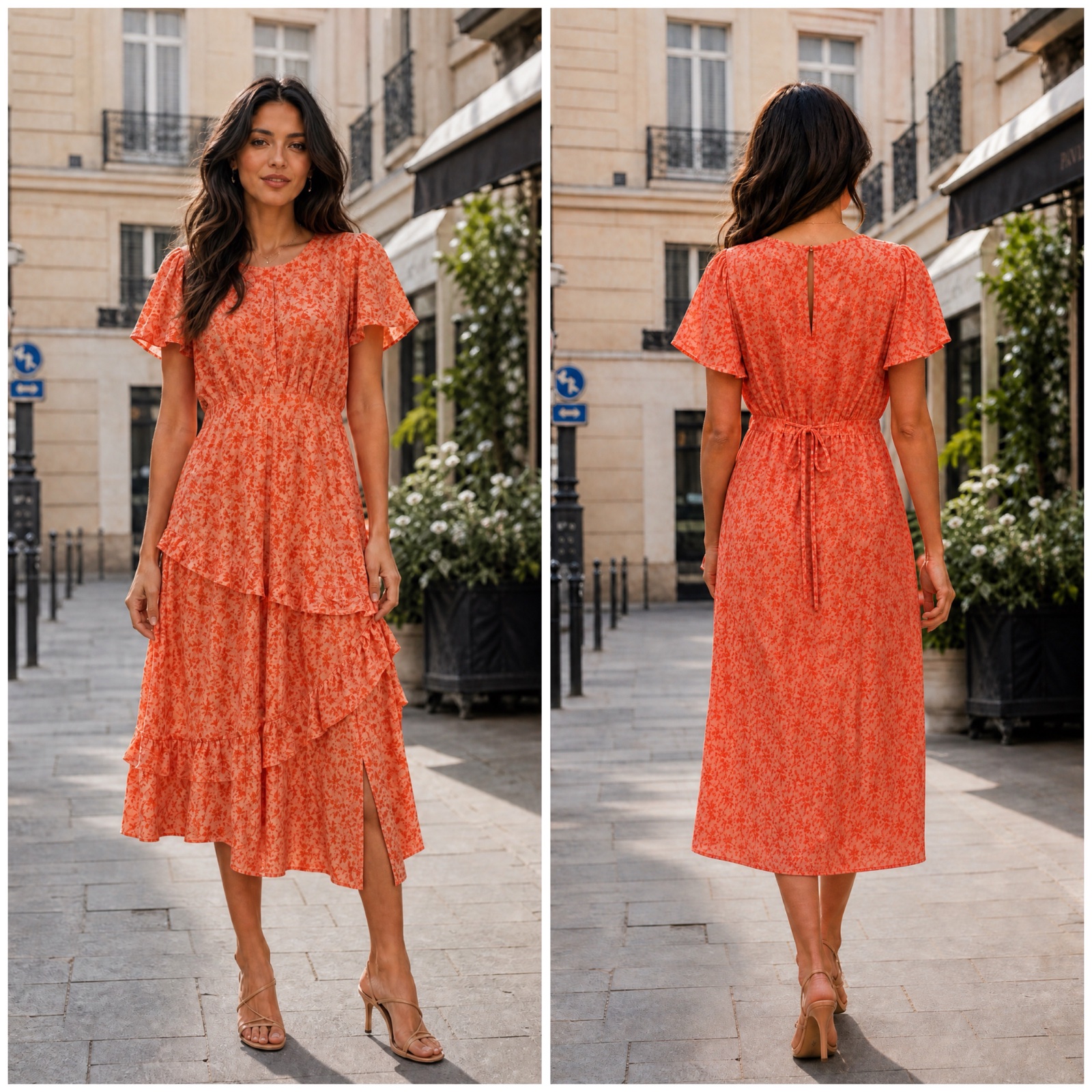 ✨🌸 Robe Midi New Look Petite Fleurie Corail 🌺 Volants Asymétriques • Taille Marquée • Fente Élégante • Look Chic & Féminin • T42 🔥🥰✨