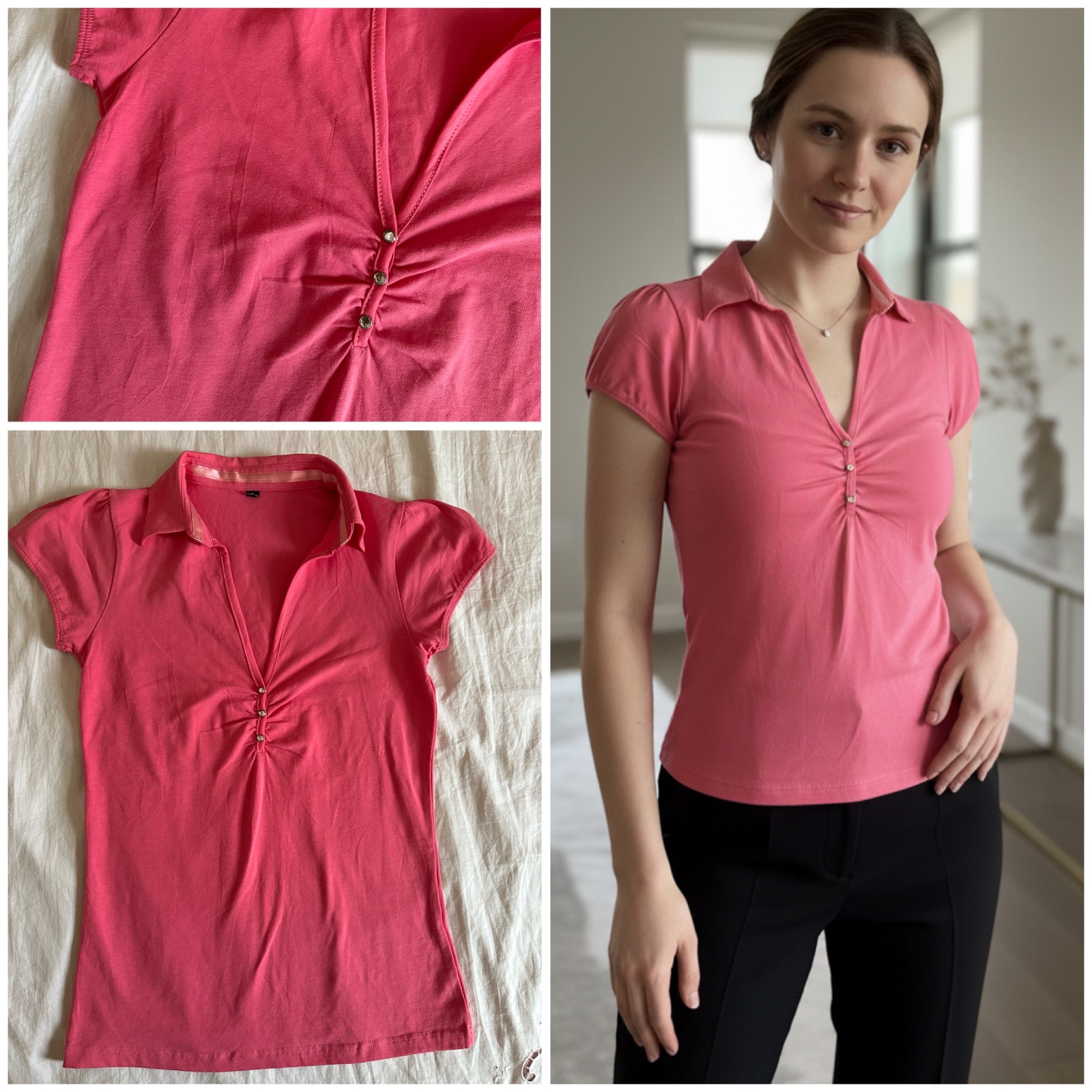 Top rose corail col polo et détails bijoux 💕💞