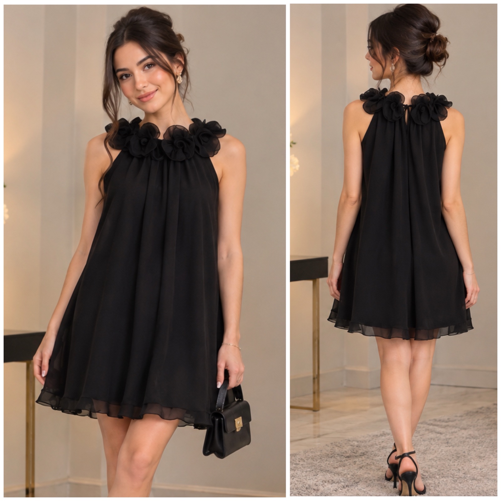 🌹 ✨ Robe Noire LE GROUP Woman – Magnifique Col Fleurs en Organza – Coupe Fluide & Évasée – Sans Manches – Style Chic, Féminin & Raffiné – Petite Robe Noire Élégante – Taille S 🖤🌹✨🔥🥰