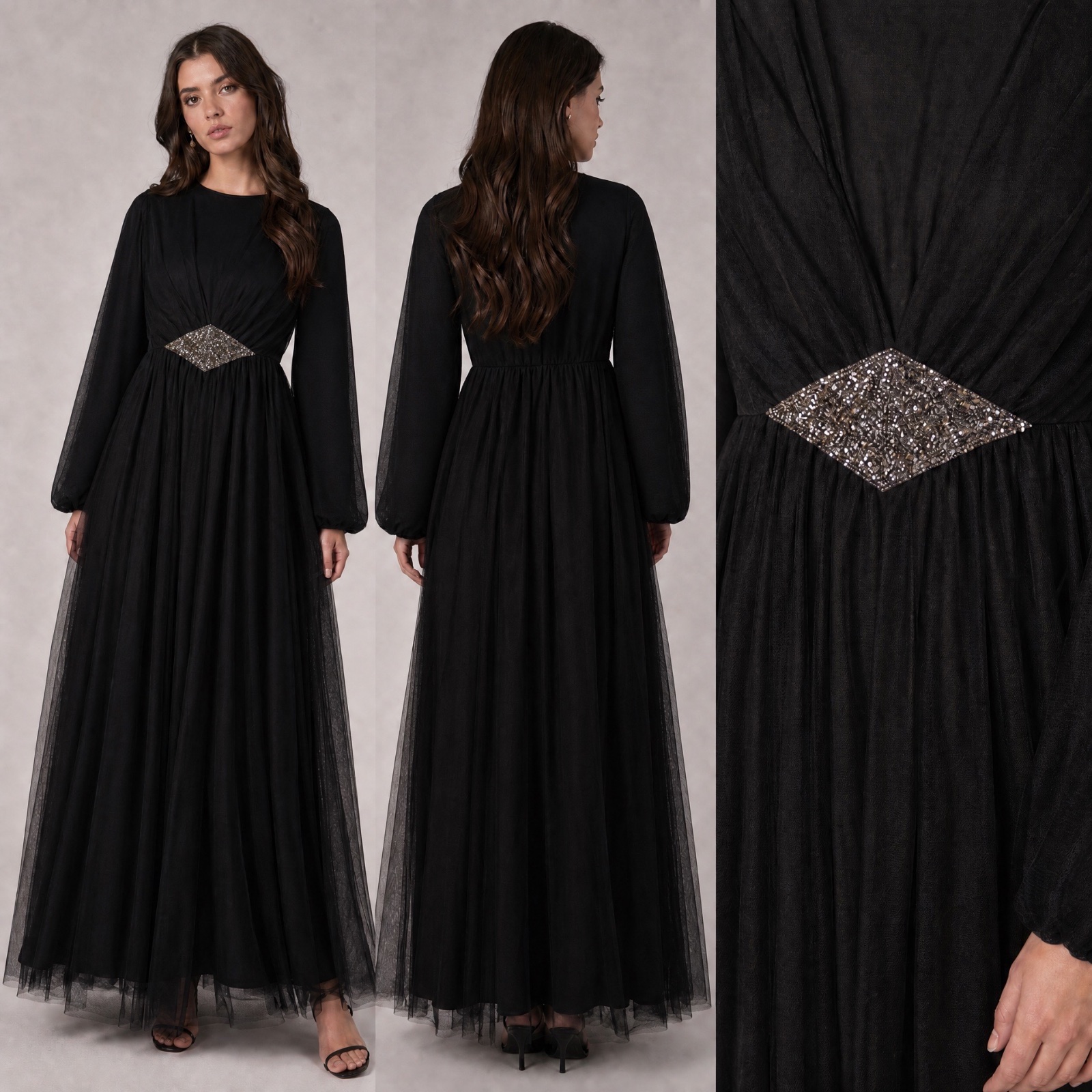 ✨ Élégance Absolue : Robe de Soirée Longue Noire en Tulle avec Détail Scintillant ✨🔥🌹