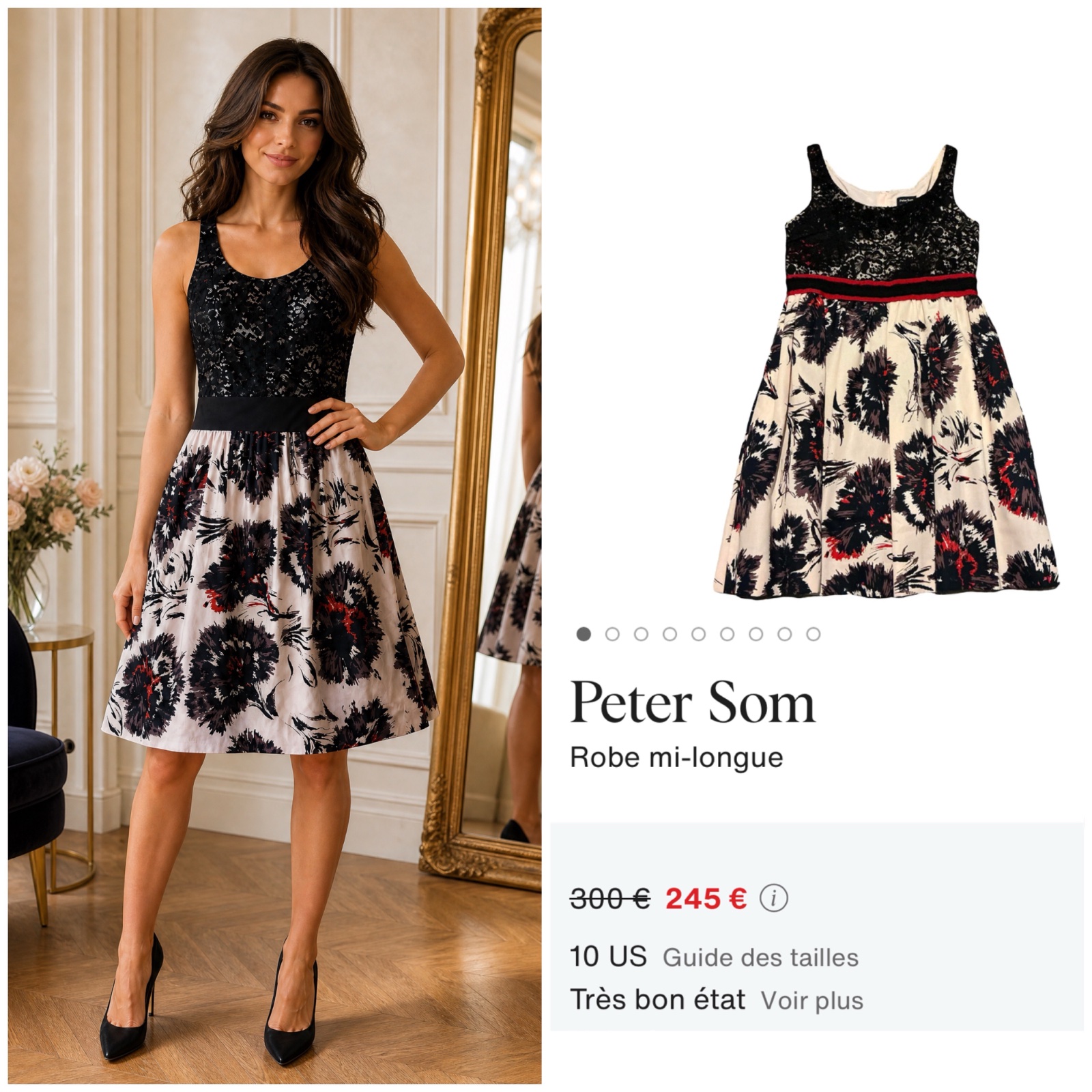 🌹 Robe chic Peter Som x Made in Kind – dentelle noire scintillante, jupe fleurie rose poudré – élégante et raffinée🔥🌹🥰🌸