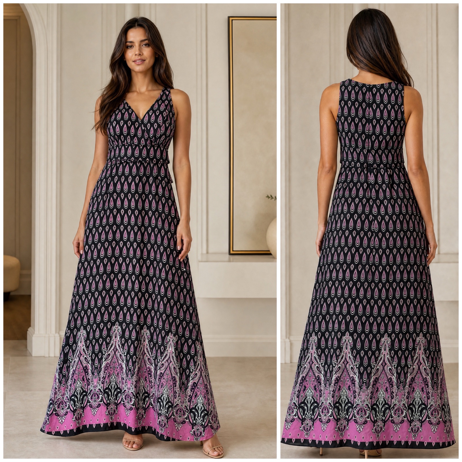 🌸 Sublime robe longue femme noire à motifs goutte rose 🌸 Taille marquée, jupe évasée et magnifique bordure paisley multicolore🌹🥰✨🌸
