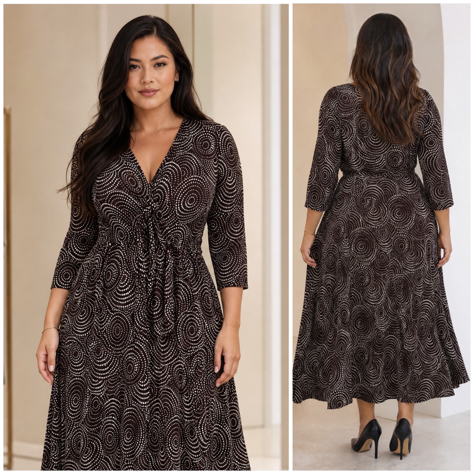 🤎✨ Magnifique robe chic marron à motifs blancs graphiques – coupe fluide élégante, cache-cœur et manches 3/4 – neuve avec étiquette🔥🌹✨