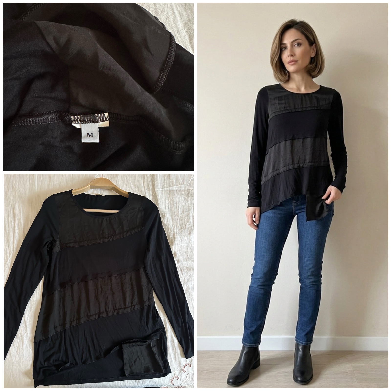 Haut intimissimi noir bi-matière fluide – Détails satinés – Taille M 🌹