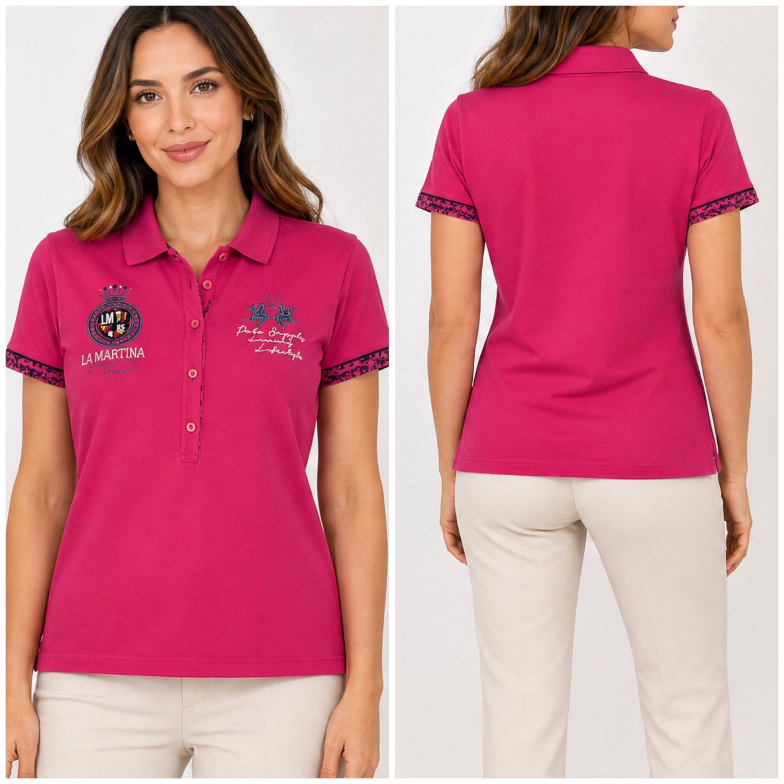 ✨ Polo femme La Martina rose fuchsia – Élégant, chic et tendance 💖 | Coupe féminine, col polo, manches courtes avec bordures décoratives, boutons sur le devant et magnifiques broderies La Martina 🐎👑 | Idéal pour une tenue décontractée 👚✨