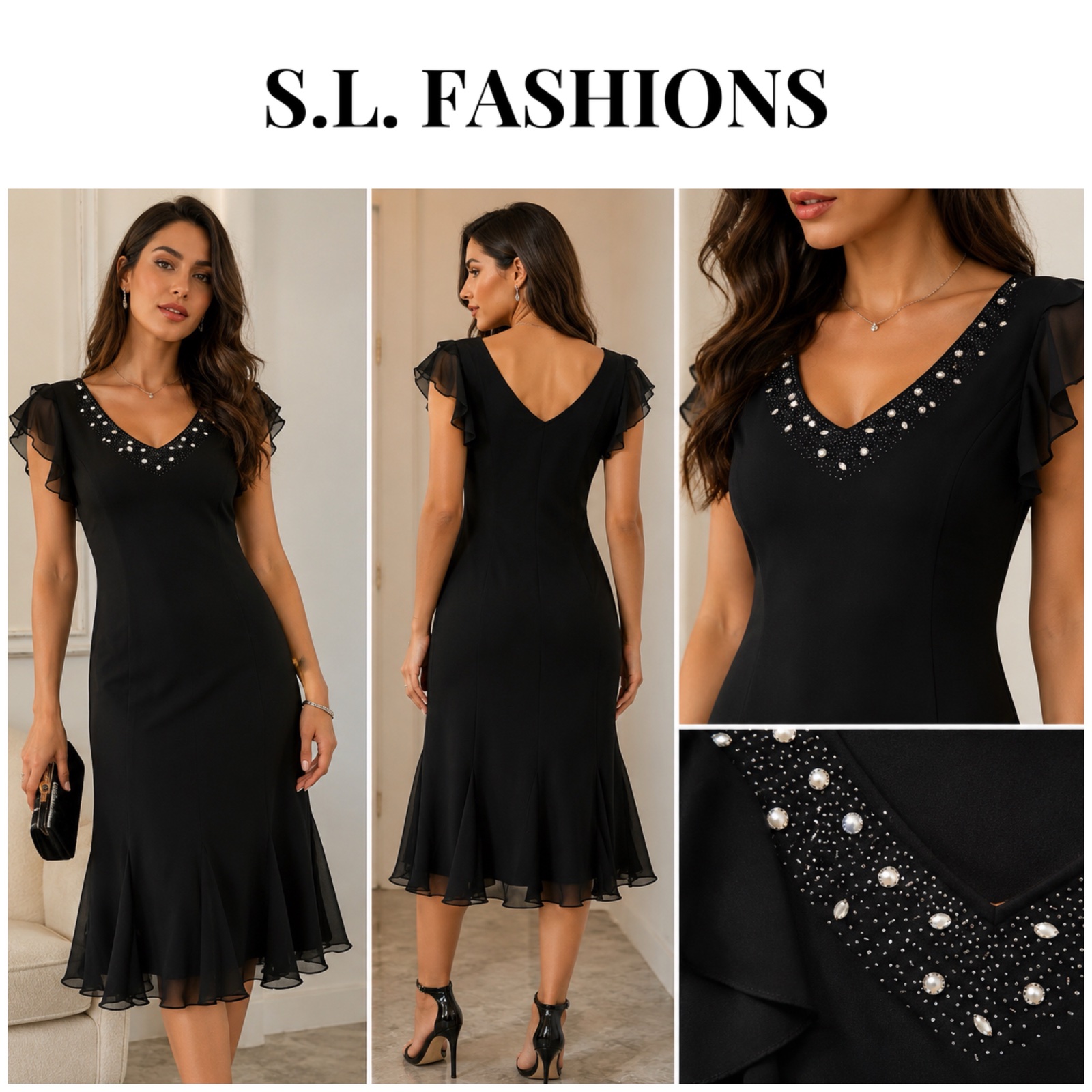 🖤🔥 Robe de soirée noire élégante S.L. Fashions – Col V orné de strass & perles – Manches volantées en voile – Coupe féminine fluide – Chic, cérémonie, mariage, cocktail 🔥✨🥰🌹🖤✨🔥