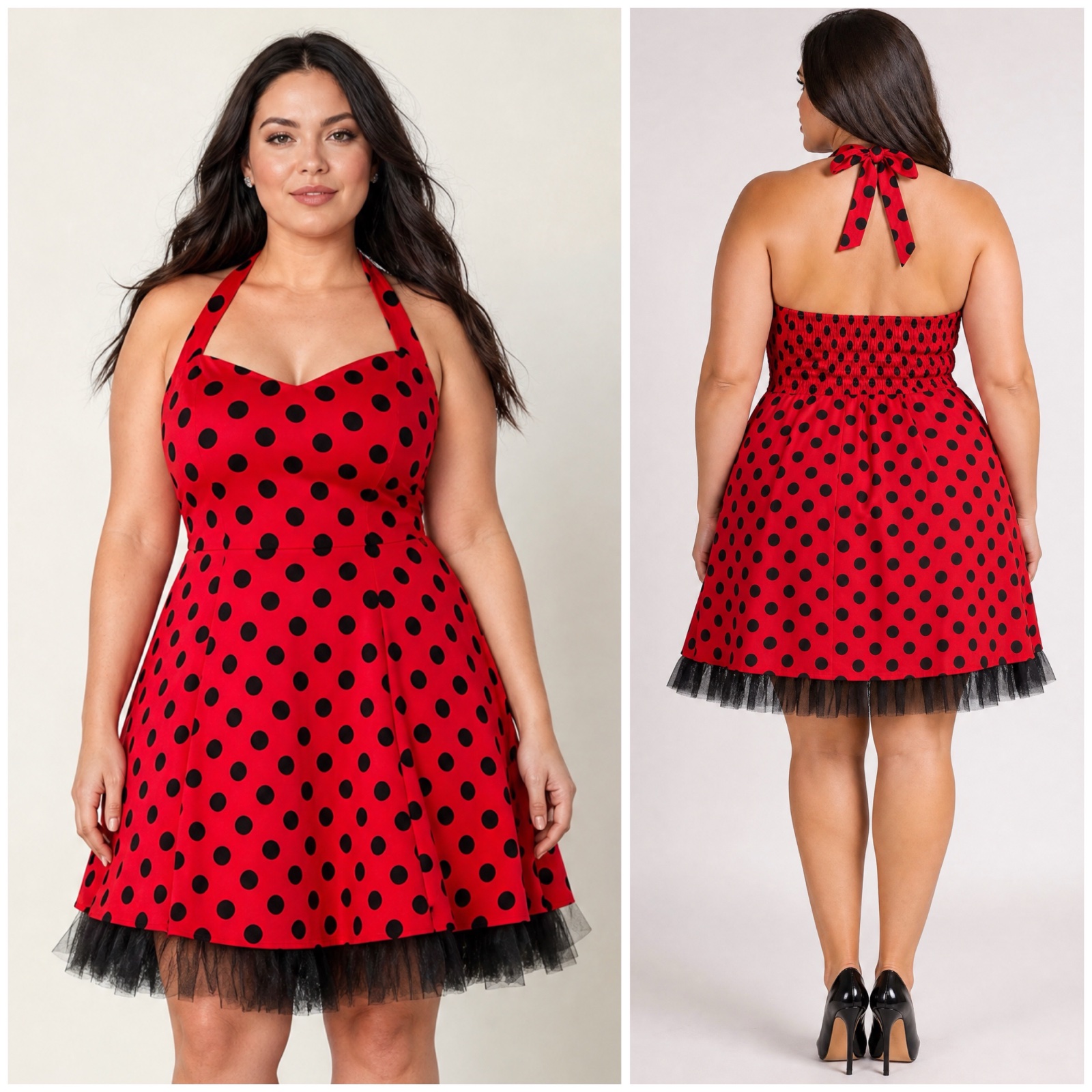 🔥🌹 Robe pin-up rouge à pois noirs, style rétro chic et élégant, dos-nu avec joli nœud, smocks, coupe évasée et volant en tulle noir – pièce originale et charmante🌹🥰🌹🔥✨