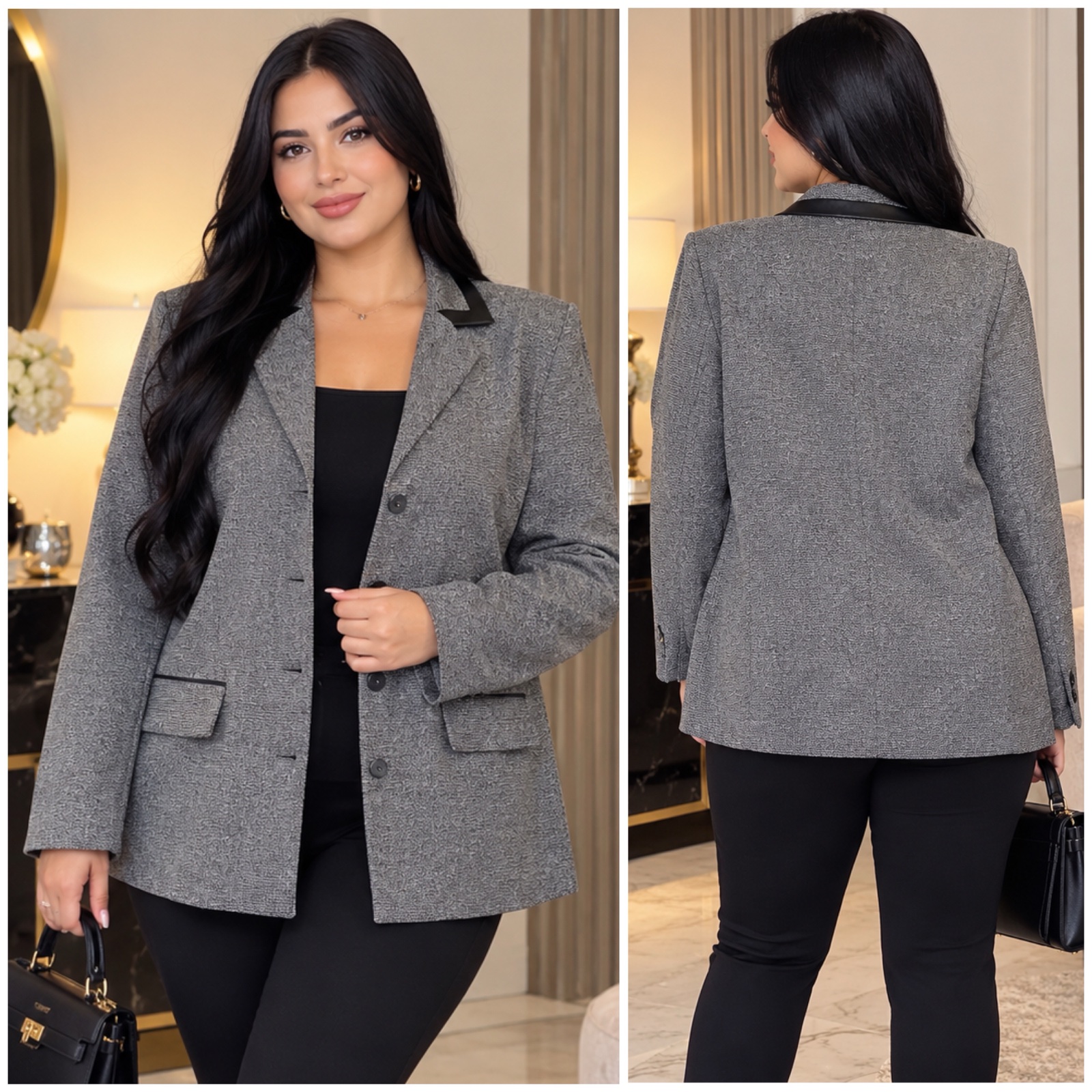 🔥 Blazer femme chic et élégant en tweed gris, coupe raffinée, col à détails noirs et poches à rabat – style classe et intemporel🔥🌹🥰✨