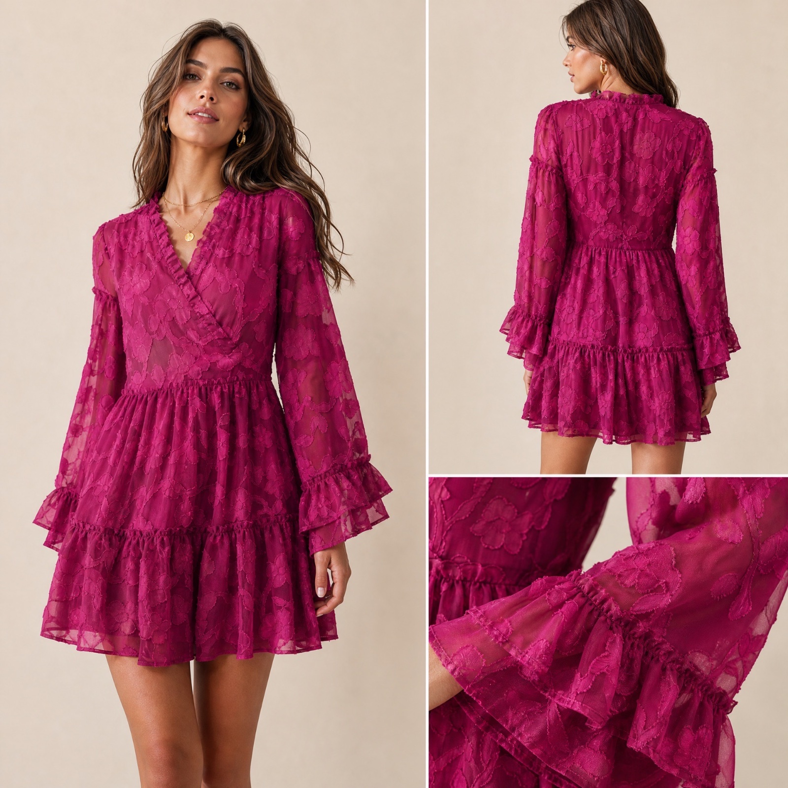 🌸✨Robe Boohoo Petite fuchsia en voile fleuri 3D – Chic & romantique – Manches longues volantées – Taille portefeuille – Neuve avec étiquette💞🌸🌹🔥🥰✨✨🔥