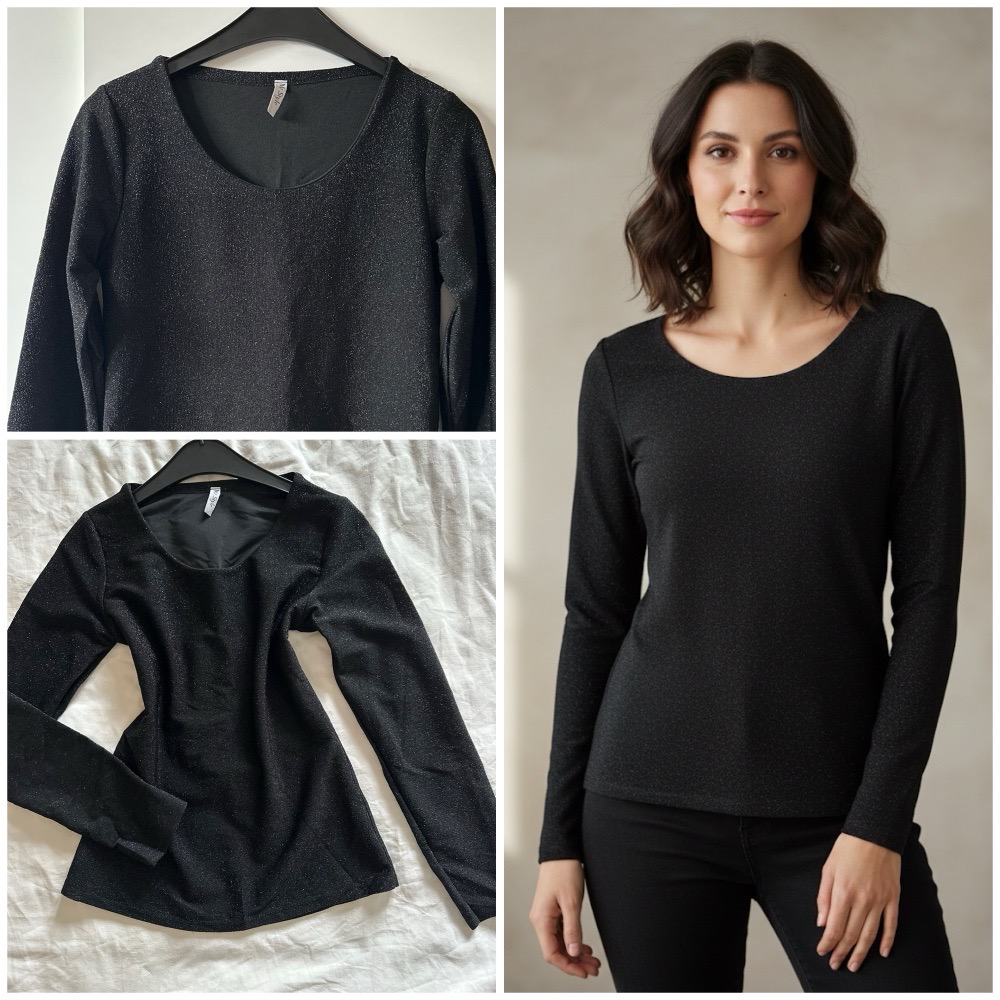 Pull noir à manches longues avec un effet lamé.😍🌹