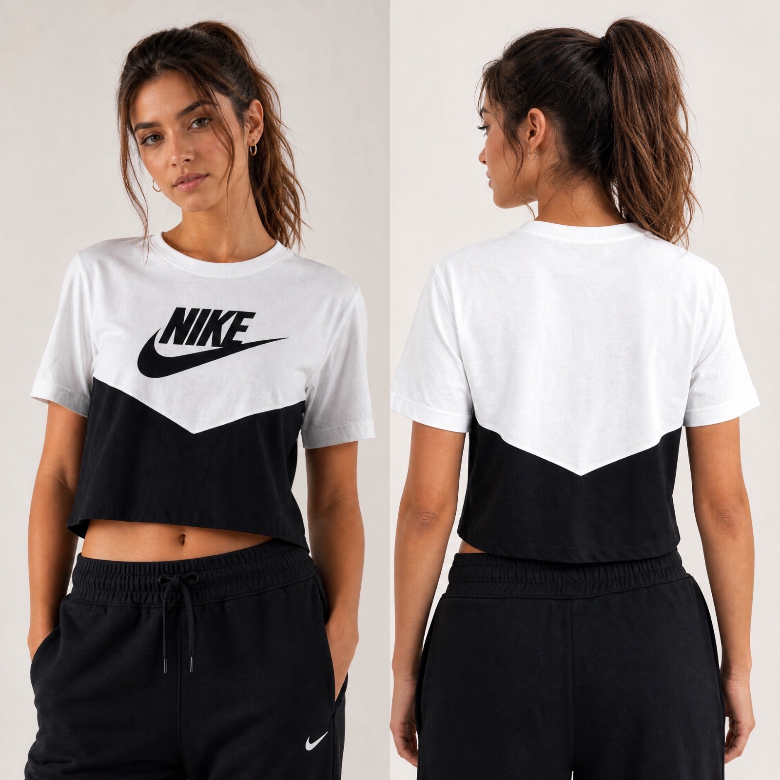 🤍 T-SHIRT NIKE CROP 🖤 Bicolore Blanc & Noir - Logo NIKE Classique - Coupe Courte & Décontractée - Taille L - Sportswear Chic ! ✨