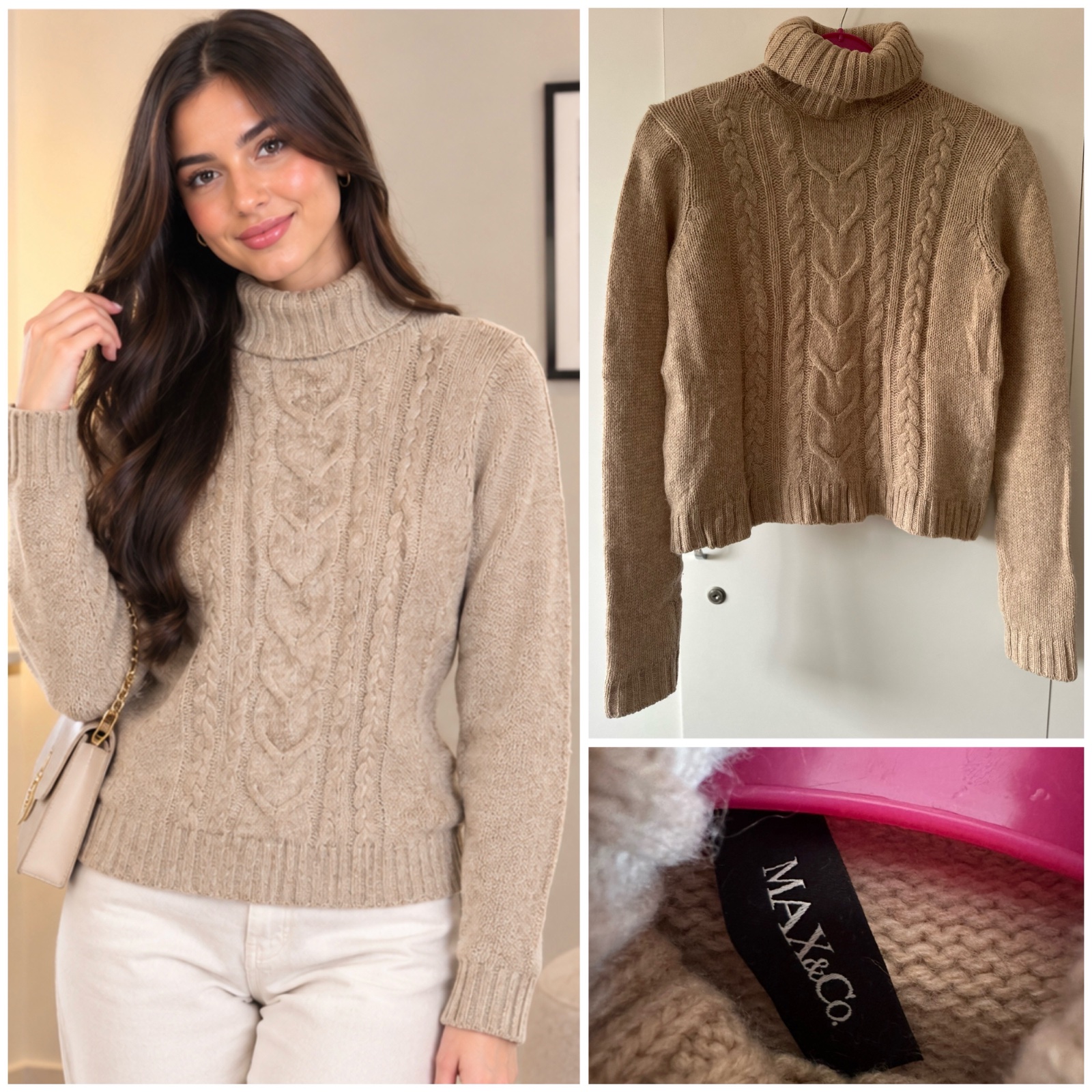 🔥 ✨ Pull MAX&CO beige camel ultra chic – Col roulé cosy & torsades élégantes – Maille chaude et confortable – Taille S – Style intemporel ✨🔥🌹