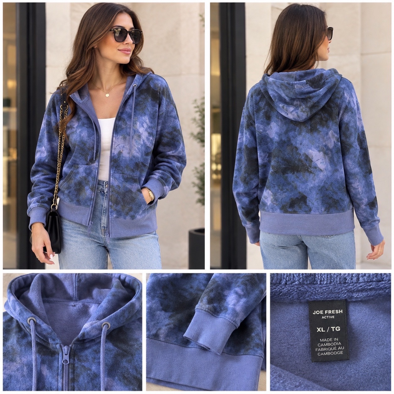 💙✨ Veste Gilet JOE FRESH Active Bleu Tie-Dye à Capuche – Zippée, Confortable & Tendance – Style Sporty Chic Casual – Taille XL ✨💙💜🔥✨🌹