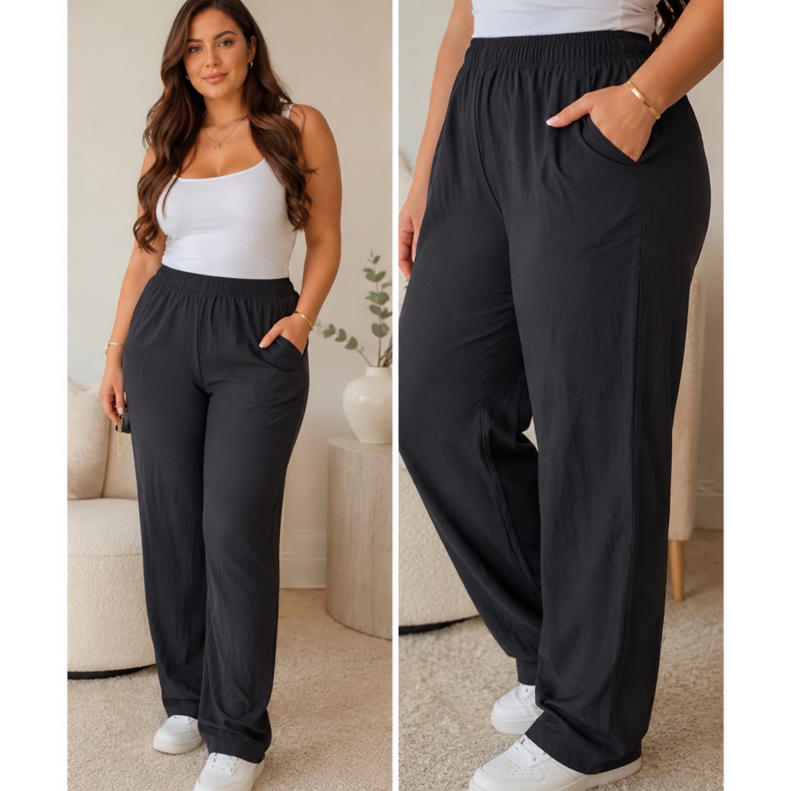 Pantalon noir fluide oversize chic curvy taille élastique ultra confortable style élégant casual minimaliste grande taille🔥🌹🥰🔥💞✨