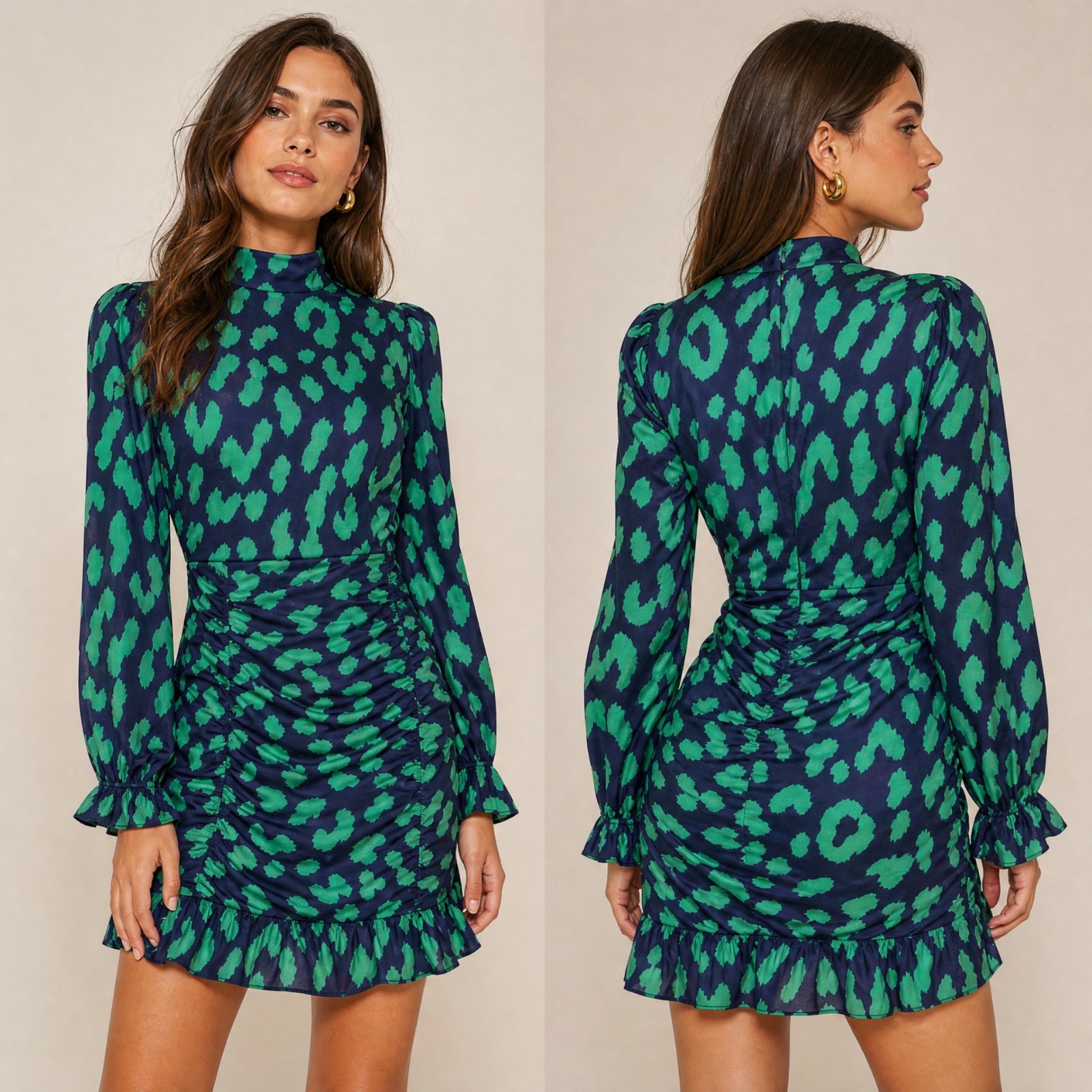💚 ROBE SHEIN LÉOPARD 💚 Imprimé Vert & Bleu Marine - Manches Longues Volantées - Col Montant - Taille S (36) - Tendance & Audacieuse ! ✨