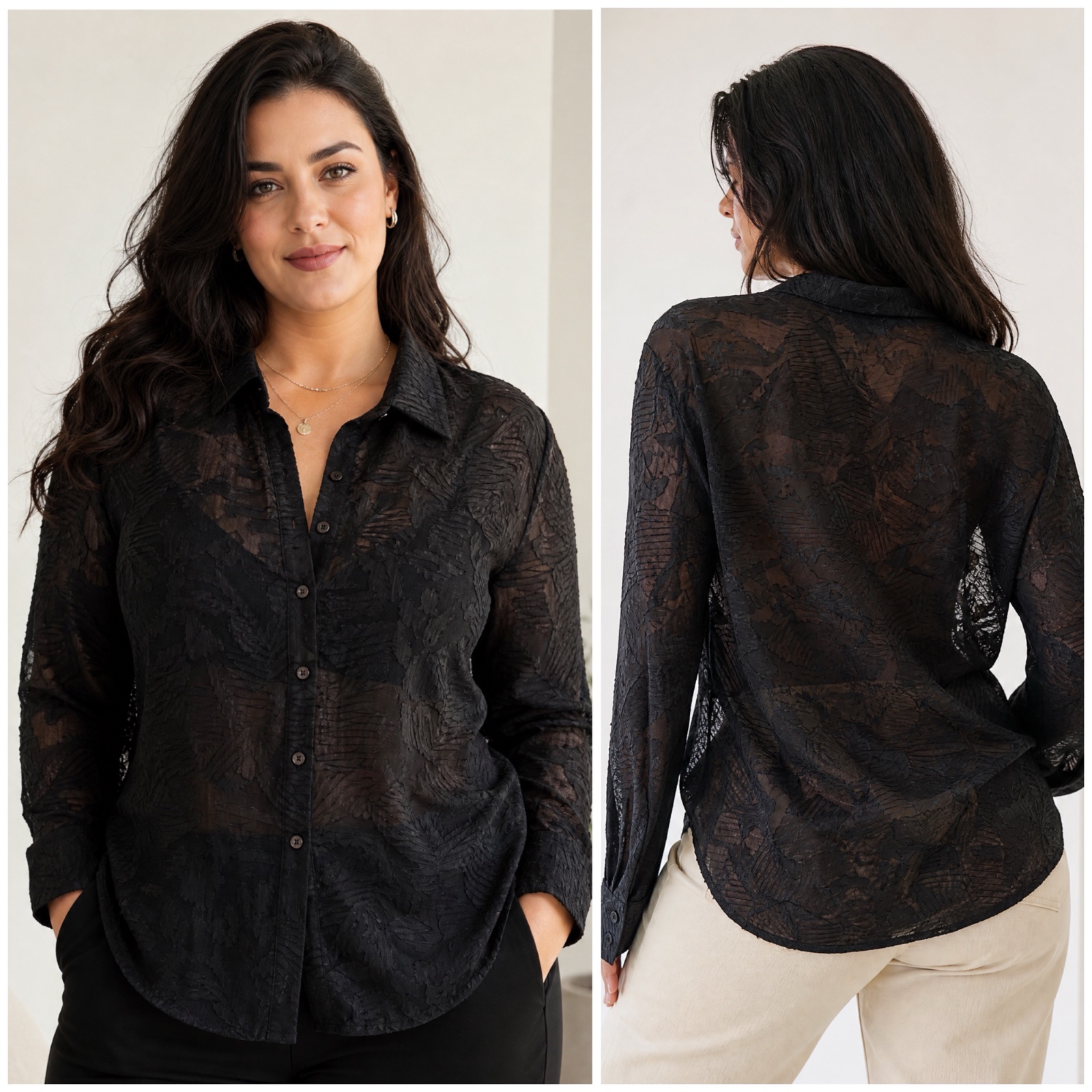 Superbe chemise noire texturée semi-transparente marque PULI taille 20 – Tendance oversize & look habillé🌹🔥✨🖤