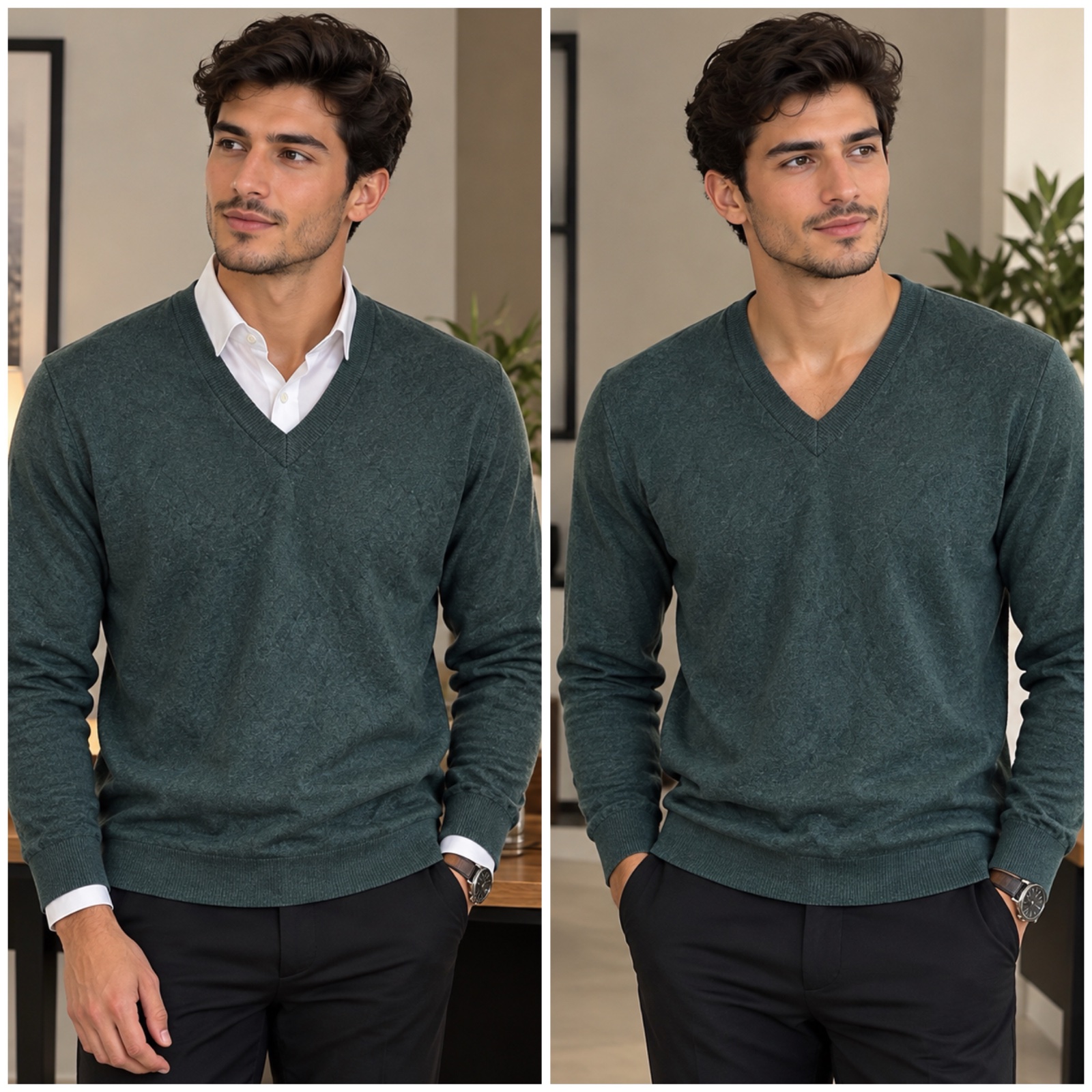 Pull Homme Vert Foncé Élégant à Col V 🇮🇹✨ – Maille Fine & Douce – Coupe Chic et Intemporelle – Idéal Casual Chic ou Tenue Habillée✨