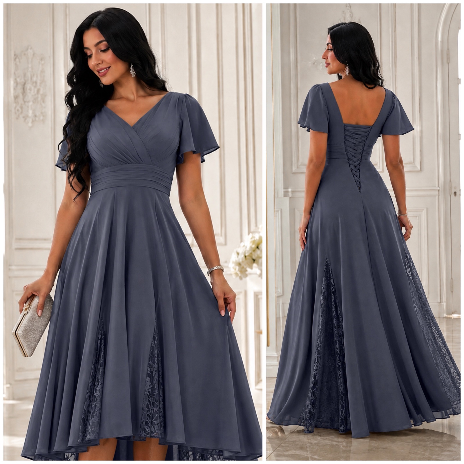 ✨👗 Robe Longue de Soirée Gris Anthracite Élégante – Dos Lacé Romantique, Décolleté V, Dentelle Raffinée & Coupe Fluide Féminine Chic ✨🌸✨🌹🔥