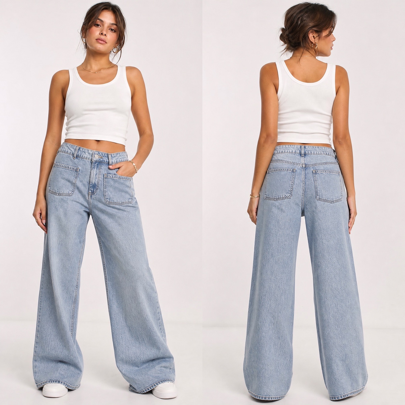 👖 JEAN ASOS DESIGN 👖 Wide Leg Taille Haute - Poches Plaquées Avant - Denim Bleu Clair Délavé - Tendance & Confortable ! ✨