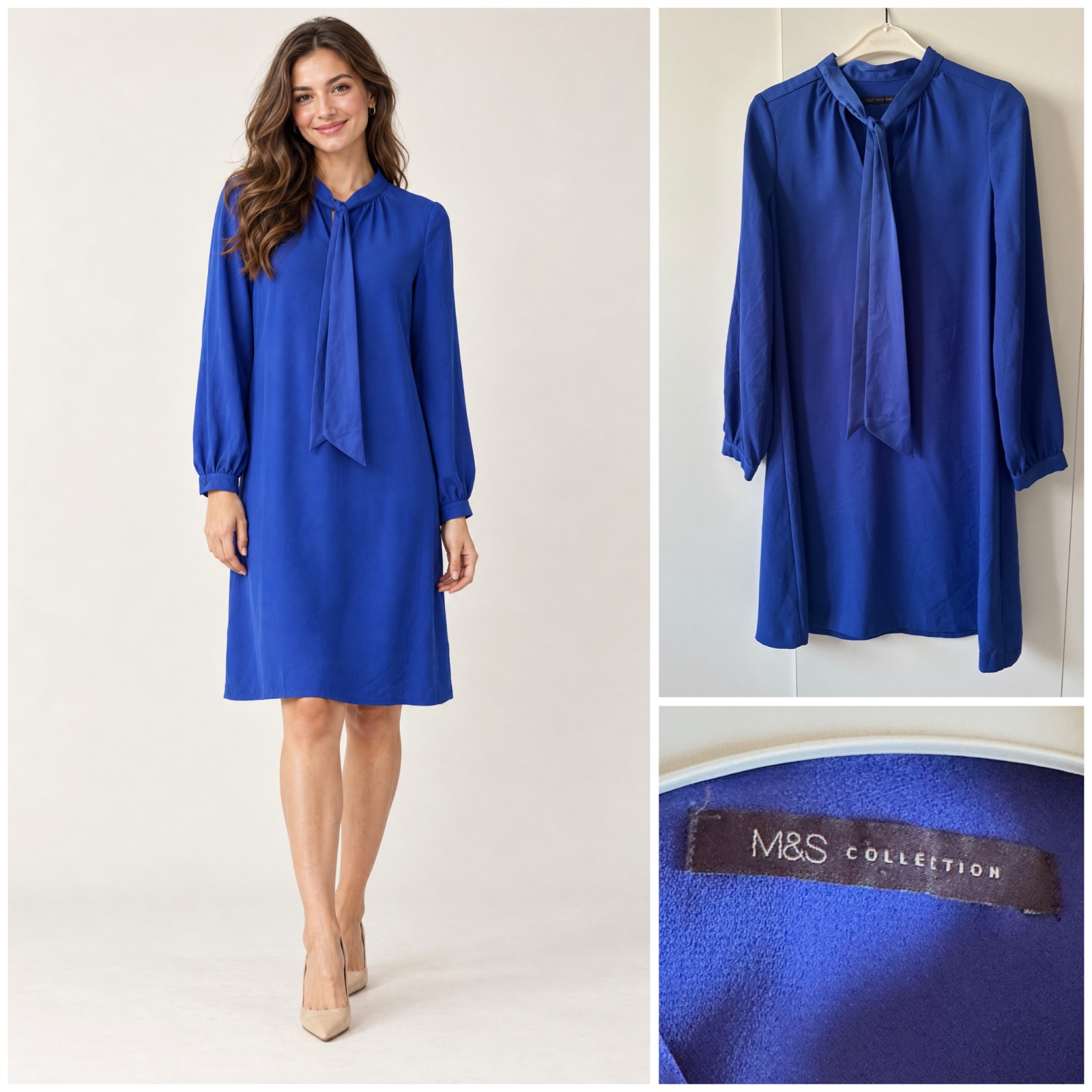 🔥 Robe tunique M&S Collection bleu roi élégante – manches longues, col montant avec lien, taille UK 12 / EU 40🔥💙✨🌹