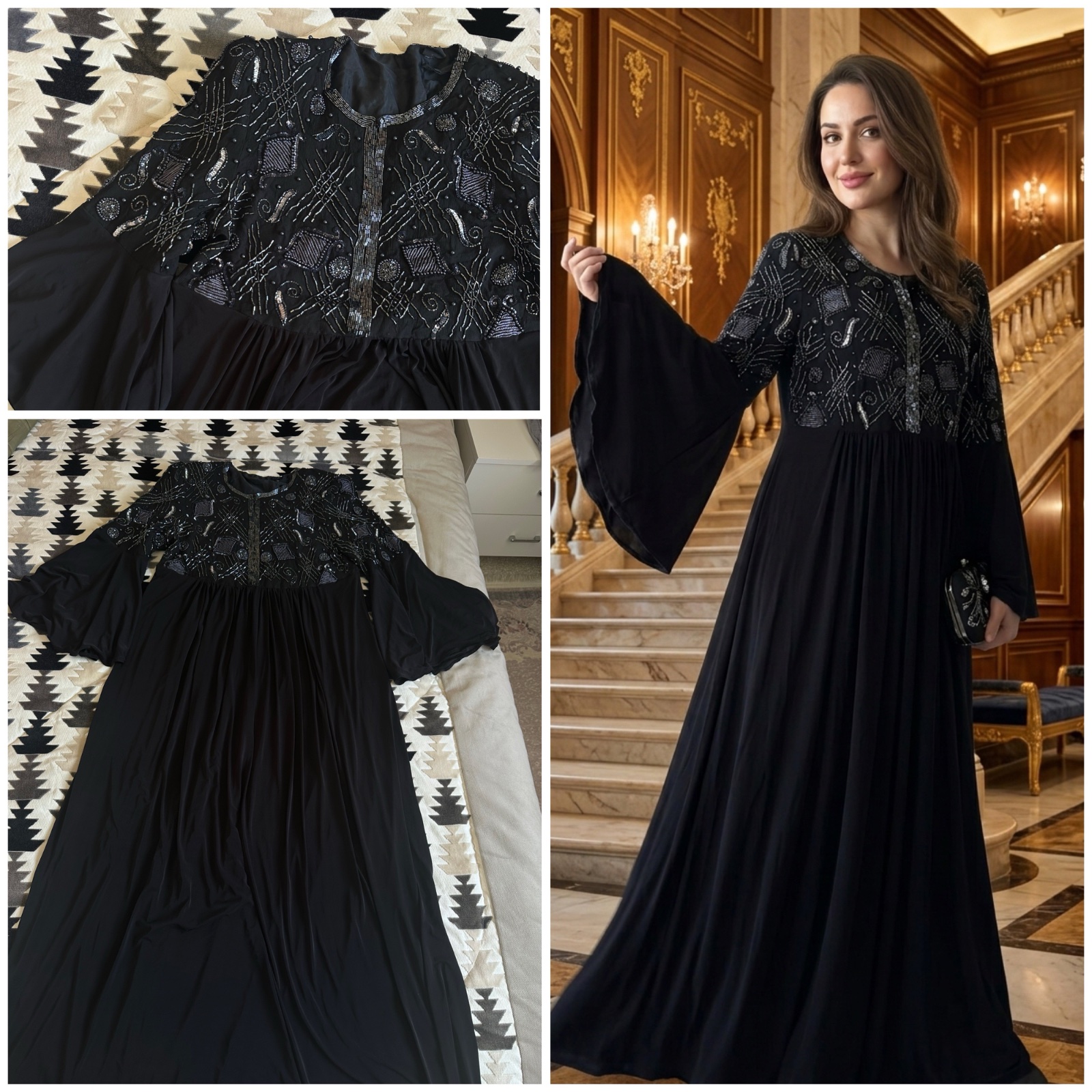 Robe de Soirée Spectaculaire – Broderies Artisanales & Manches Cloche ✨ 🔥🔥✨✨🌹