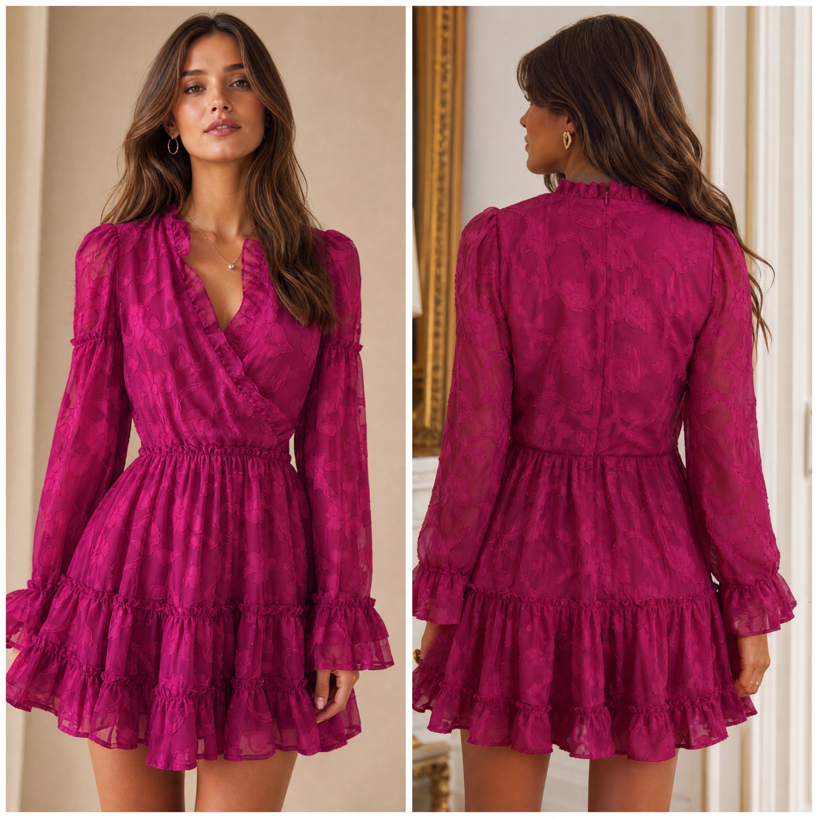 ✨💖 BOOHOO PETITE – Magnifique robe mini cache-cœur fuchsia effet jacquard fleuri 🌸 Manches longues à volants • Taille S/36 • neuve ✨🌸💞🔥🥰👗