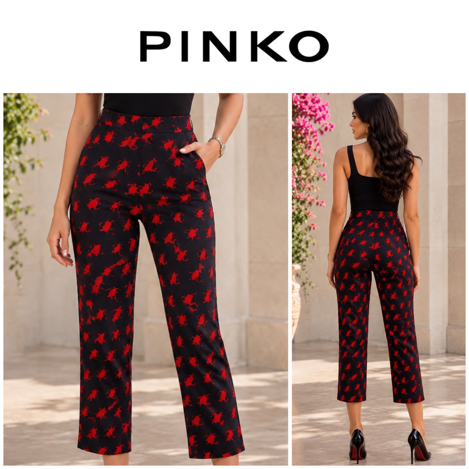 🐱🌹 Pantacourt PINKO Noir & Rouge Imprimé Motifs Chat 🖤❤️ Chic & Original – Taille Élégante – Coupe Droite & Confortable – Pièce Tendance🔥🌹🥰🔥🐱