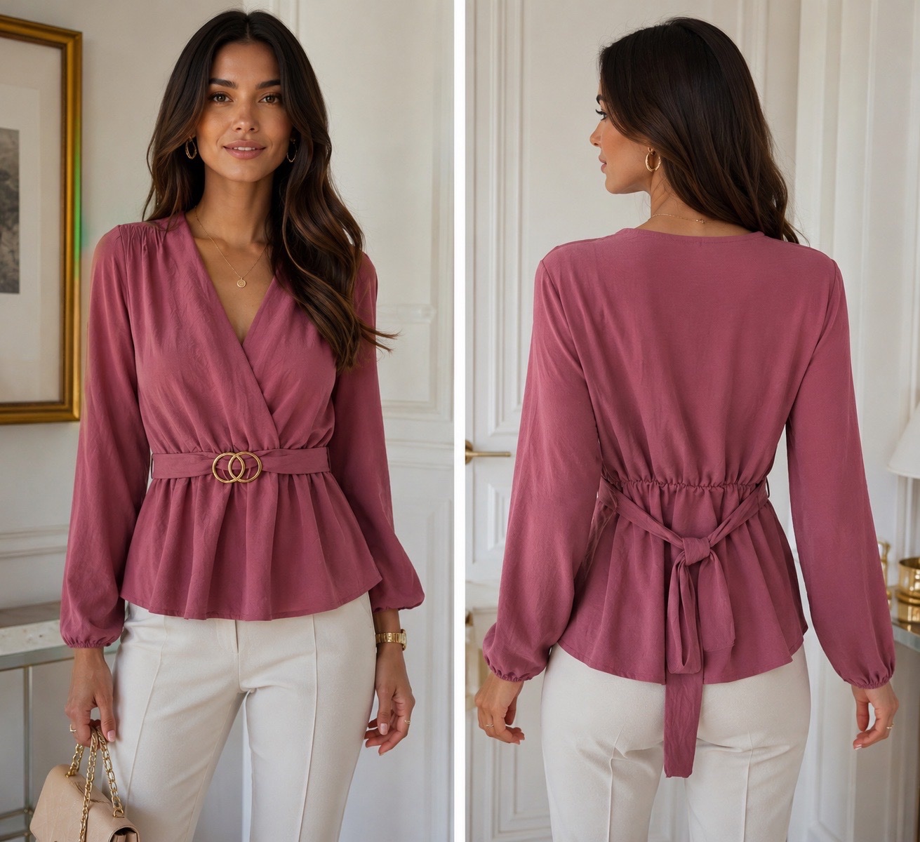 Magnifique blouse cache-cœur rose poudré chic avec ceinture dorée – Coupe élégante et féminine – Manches longues bouffantes✨🌹🔥🥰🔥🔥
