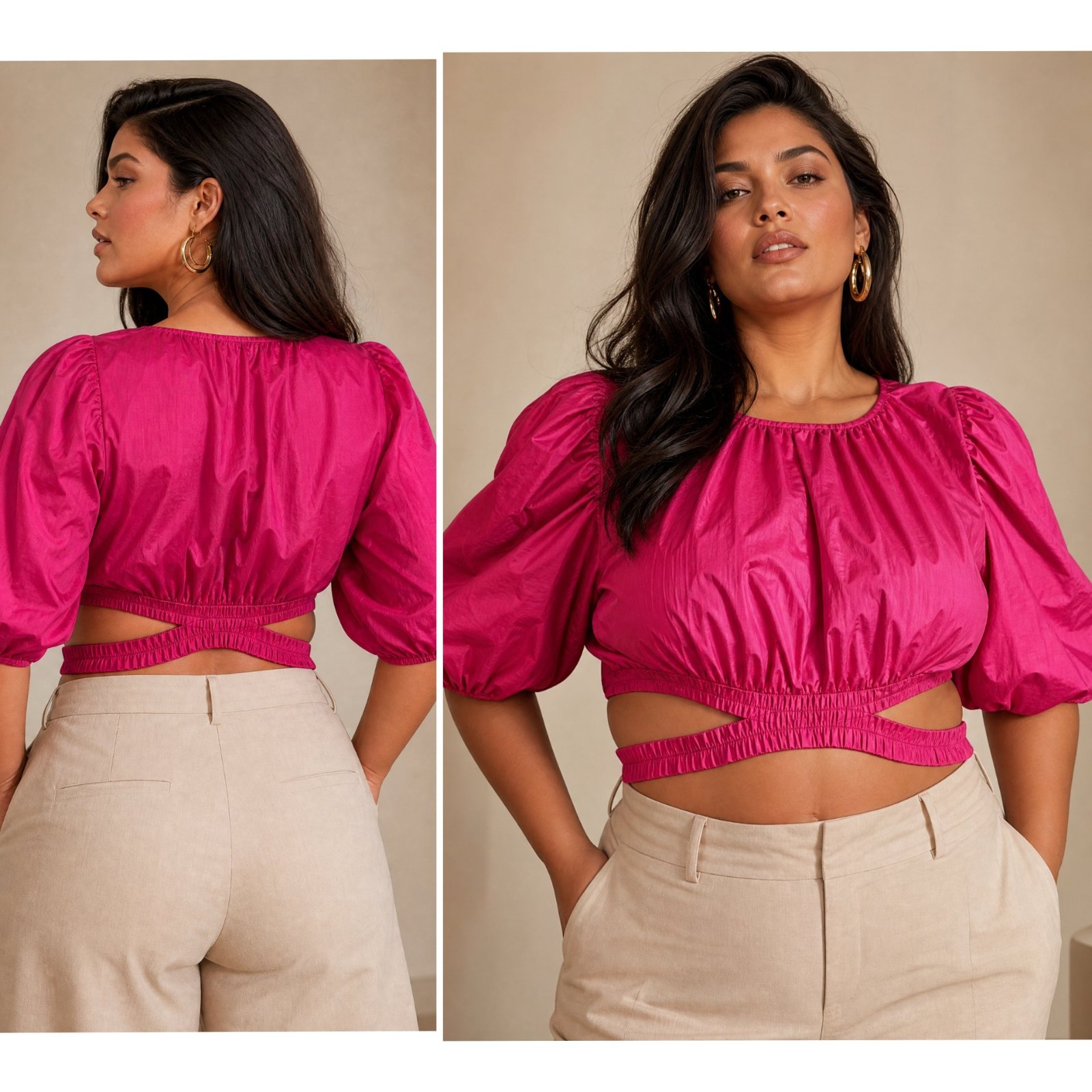  Sublime Top Crop Fuchsia à Manches Bouffantes & Découpes Latérales – Chic & Tendance ✨🌹💕
