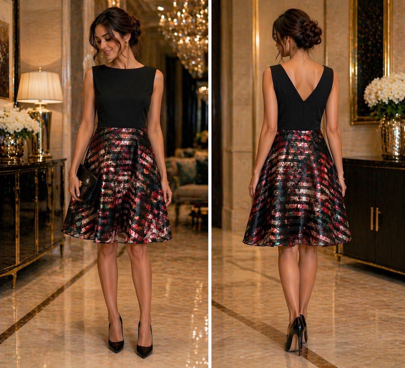 ✨ Robe chic et élégante Laura Petites – Coupe cintrée & jupe fluide imprimée, dos en V avec fermeture invisible – parfaite pour soirée & événements ✨🔥✨🌹🌹🌸