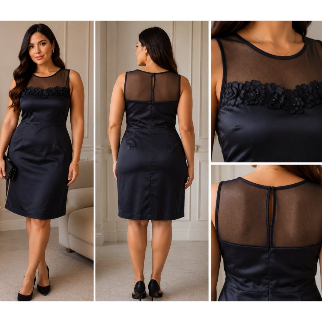 ✨Robe Élégante Bleu Nuit Satinée & Tulle Transparent – Détails Fleurs 3D Raffinées – Coupe Chic et Féminine – Idéale Soirée, Mariage et Cérémonie✨🎀🌹❤️🔥✨🔥