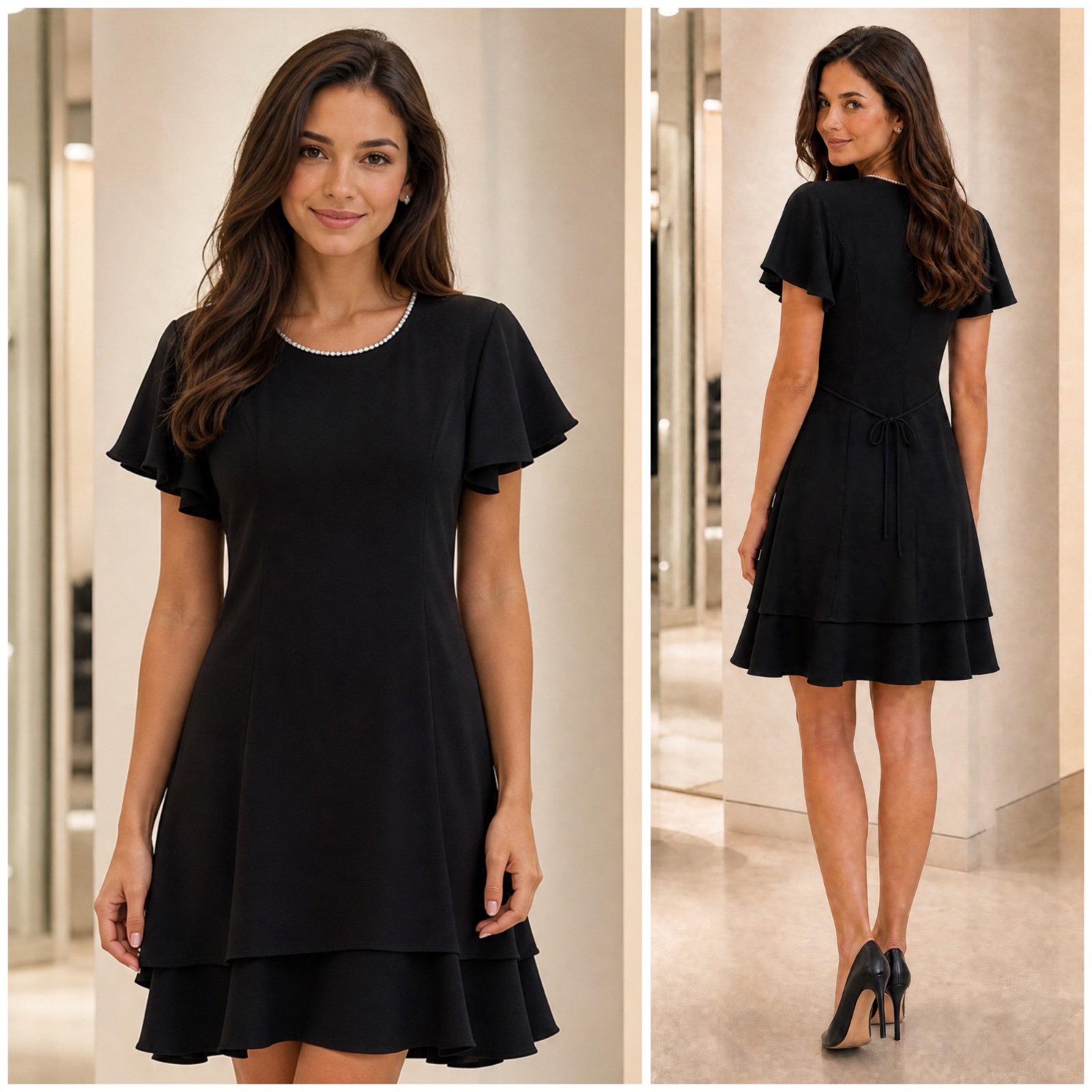 🌹✨ ✨ Robe Noire Élégante FAIRWEATHER Col Bijou Brillant Manches Volantées Coupe Évasée Chic & Raffinée ✨🔥🌹🥰
