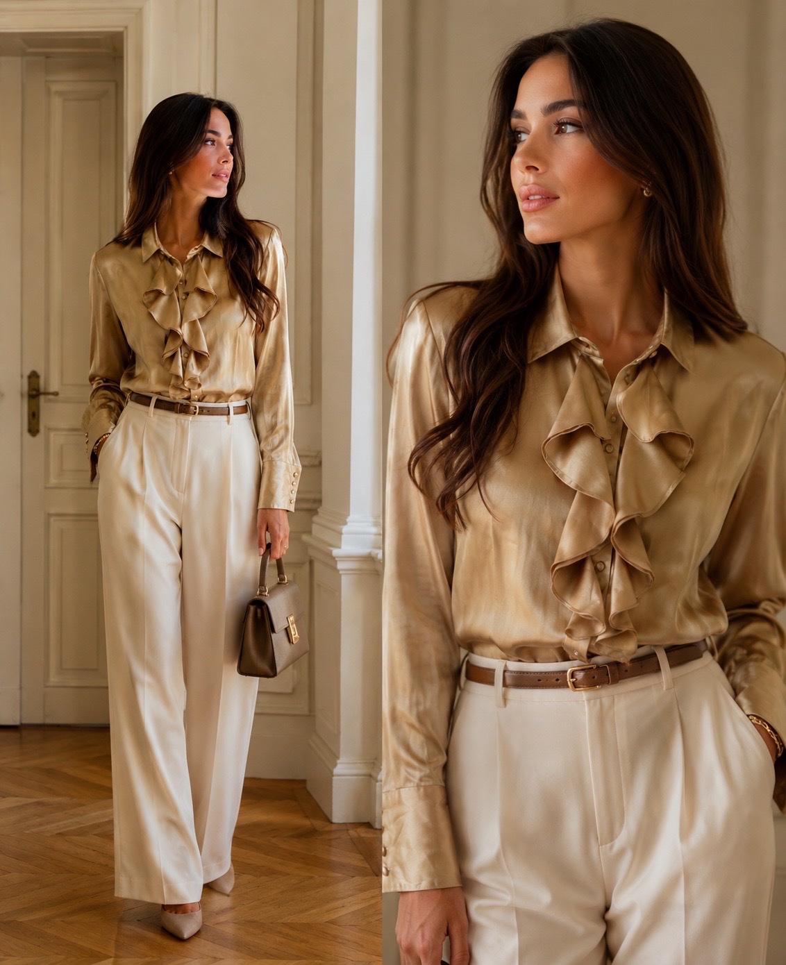 ✨ Chemise Satinée Dorée Élégante à Volants ✨ Chemise Femme Chic & Raffinée Style Luxe – Effet Satin Brillant – Coupe Féminine Sophistiquée – Manches Longues Boutonnées – Taille L🔥✨🔥🤎🥰💞🌹🔥🔥