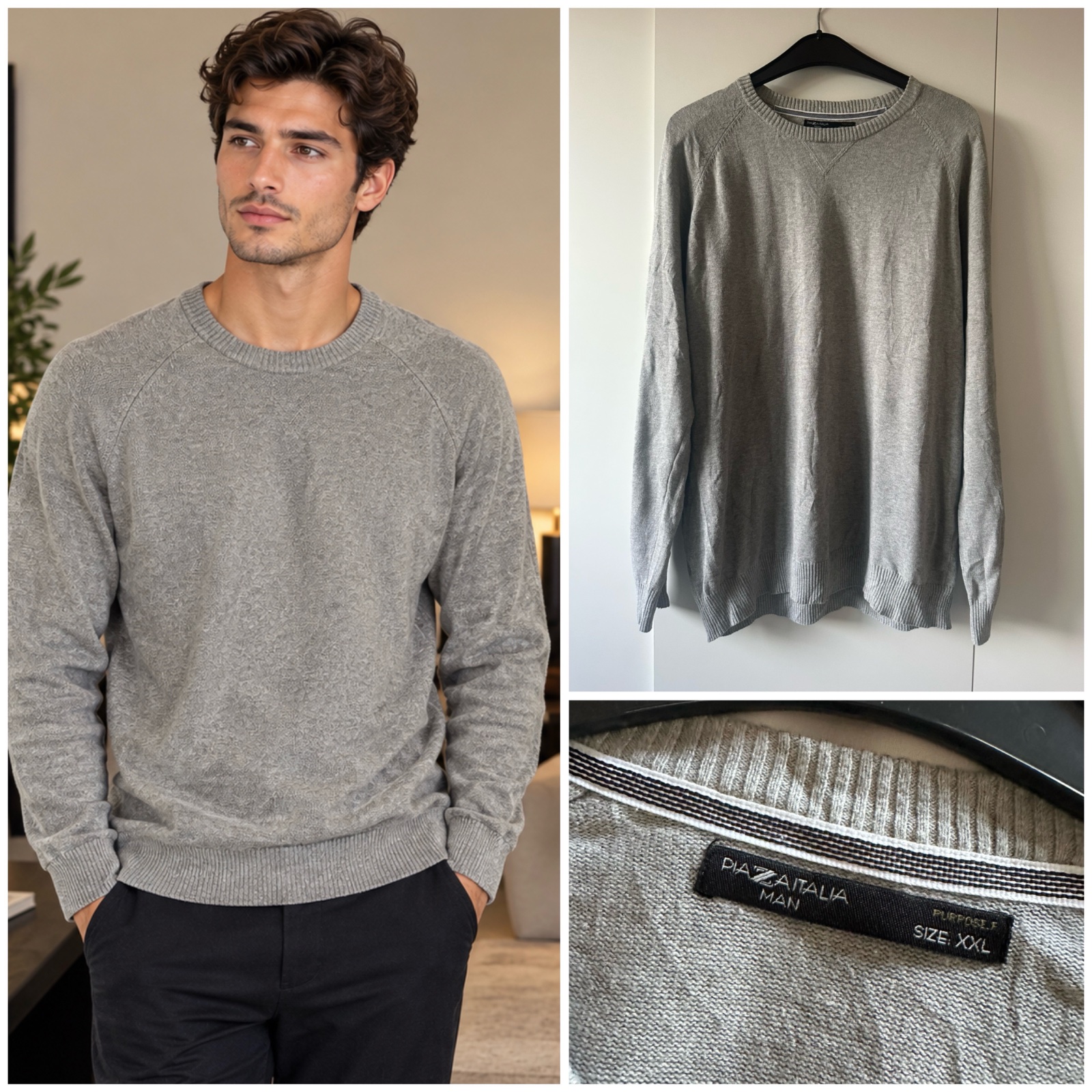 ✨ Pull homme PIAZZA ITALIA gris chiné – Taille XXL – Col rond classique, maille douce et confortable – Style casual chic et intemporel 🤍