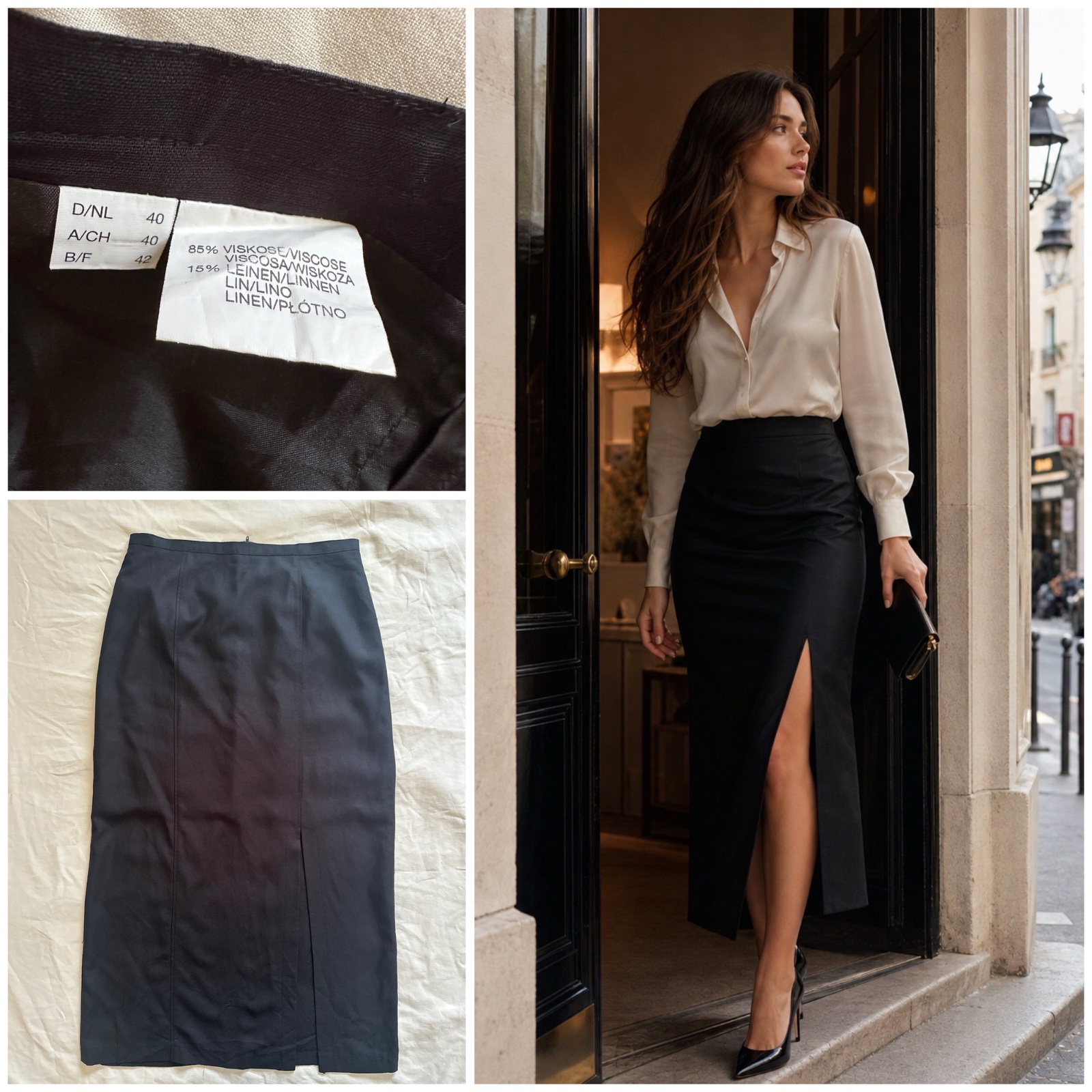 ✨ Jupe Longue Noire Haute Couture – Mélange Noble Viscose & Lin – Coupe Droite Fendue Ultra Chic – Taille 40🔥🔥🌹💞✨