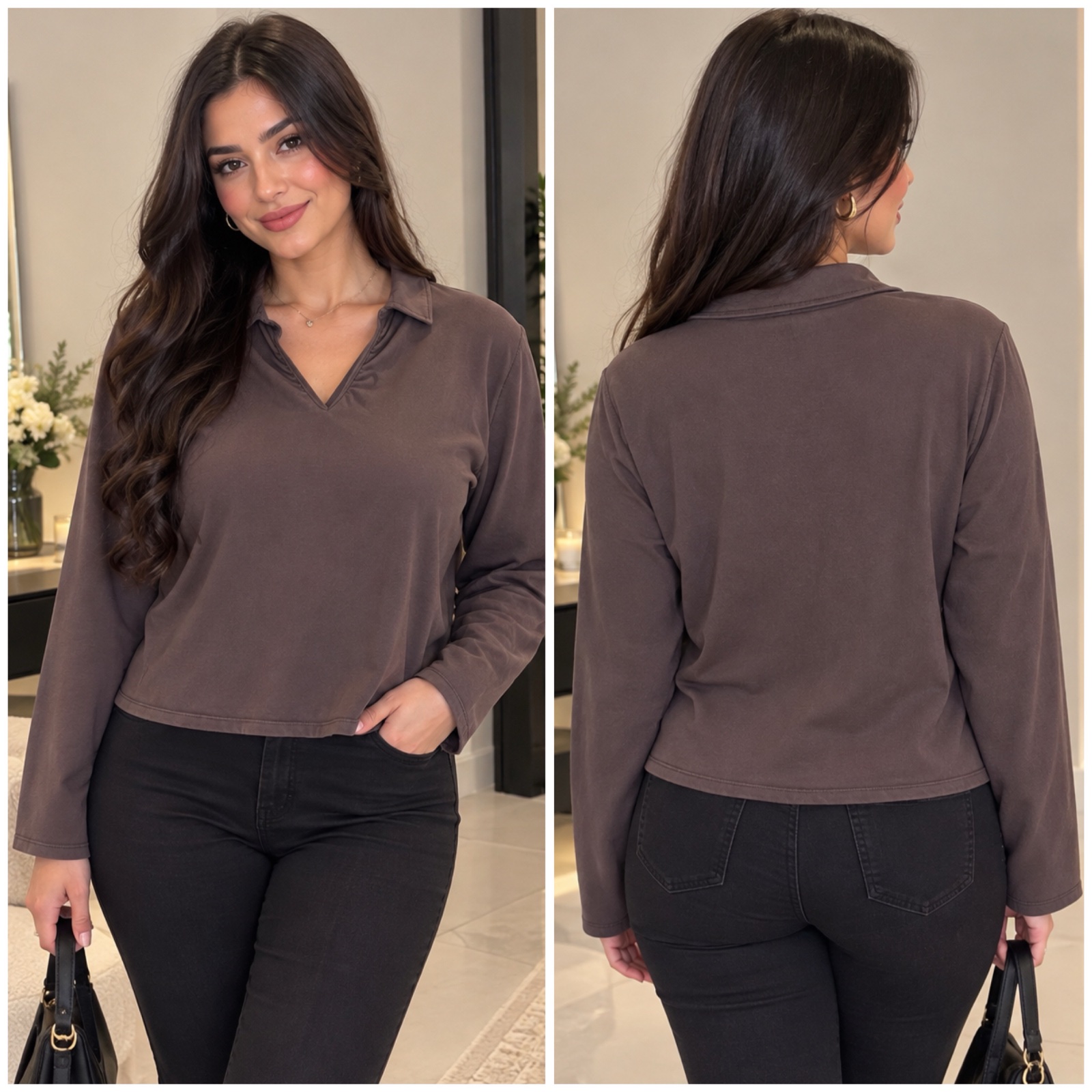 🤎 Pull Nine West Chic & Élégant 🤎 – Col Chemise & Décolleté V – Coupe Courte Moderne – Style Casual Chic & Féminin ✨🤎✨🌹🥰