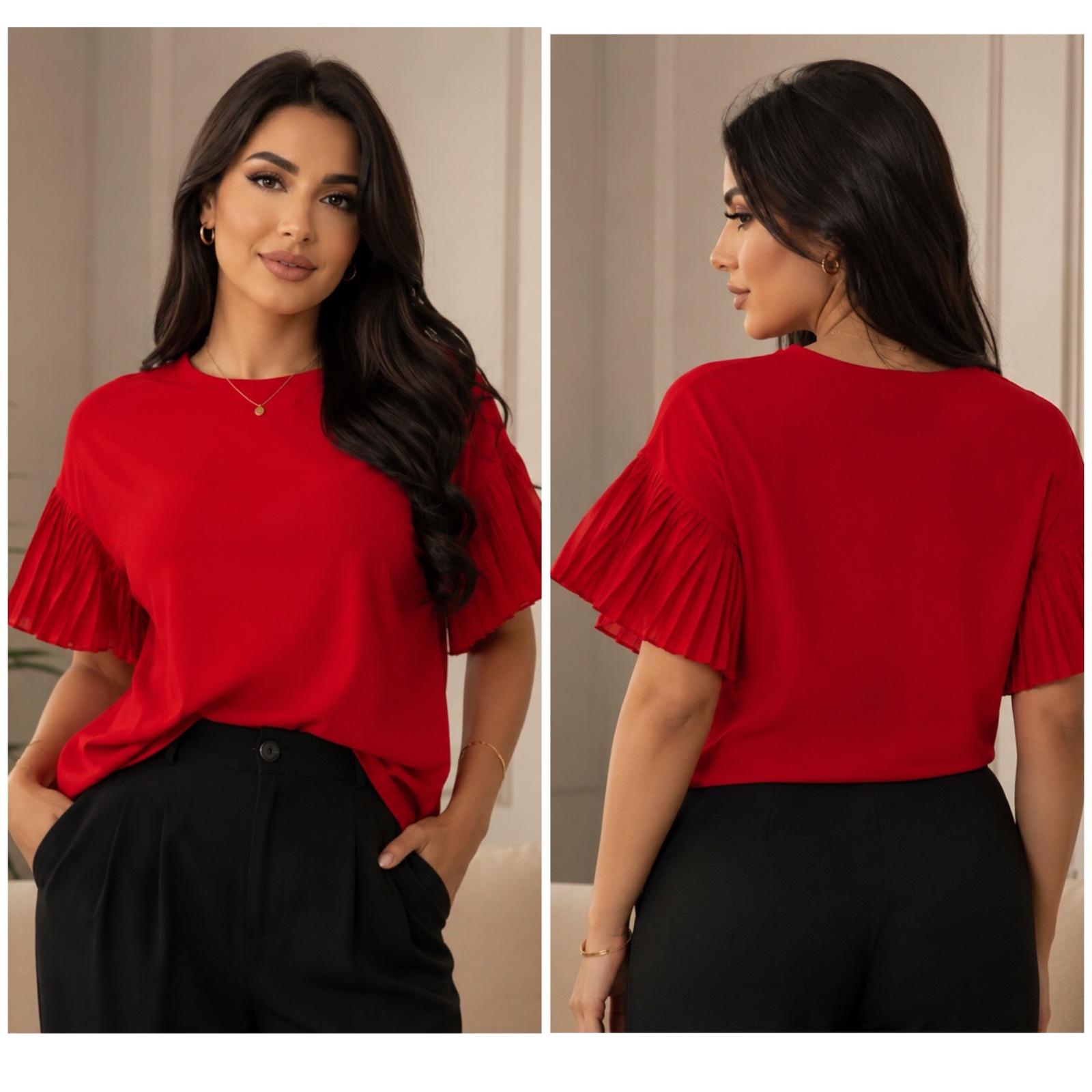 Haut rouge chic à manches plissées – Élégant, fluide et tendance, parfait pour un look raffiné de jour comme de soirée🥰🔥