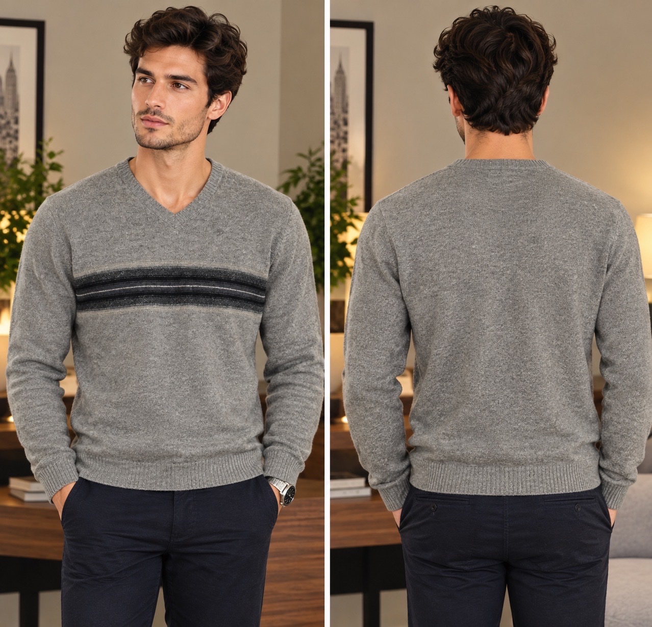 ✨ Pull Homme CELIO Gris Élégant – Col V & Rayures Contrastées Noir – Maille Douce & Chaude – Manches Longues – Coupe Classique & Raffinée – Parfait avec Jean, Chino ou Chemise 👔🩶